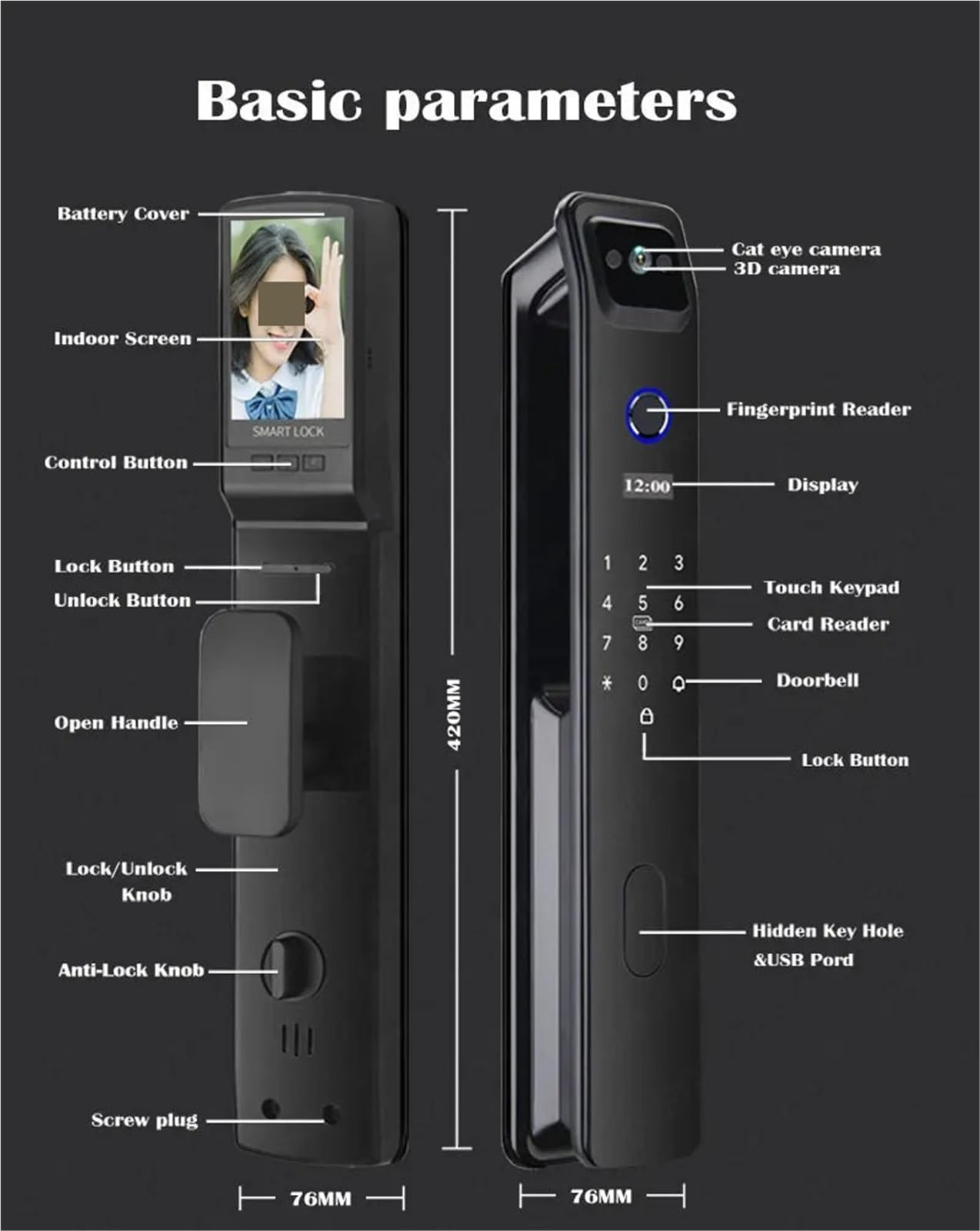 Serratura intelligente, Smart Lock con riconoscimento facciale 3D fotocamera WiFi integrata APP for impronte digitali Kit di blocco da infilare for telecomando(Only Lock No Mortise)