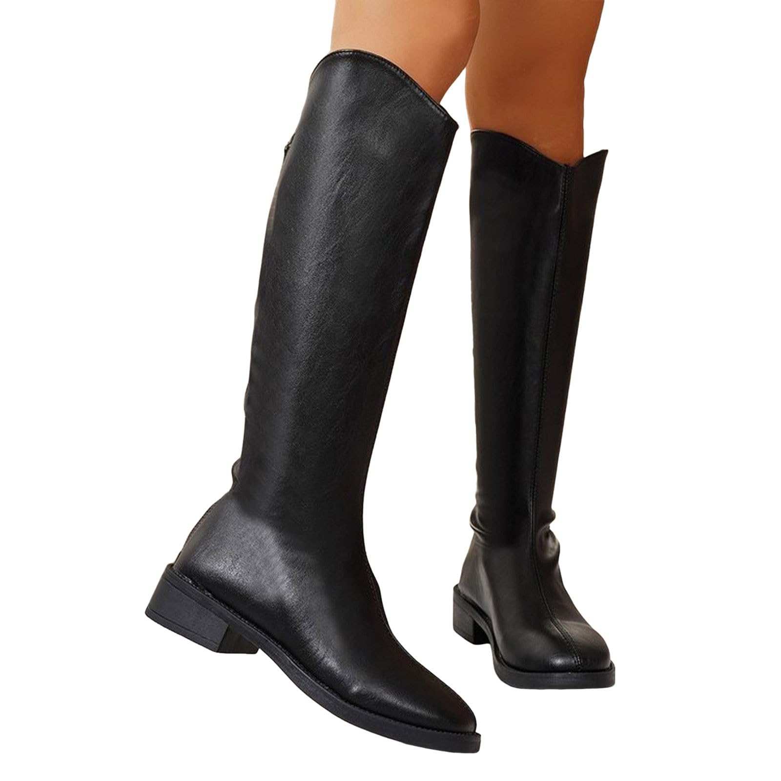 Botas de Invierno Mujer Botas Altas hasta la Rodilla con tacón Grueso, Punta Redonda y Cremallera Trasera. Calzado Liso para otoño/Invierno.