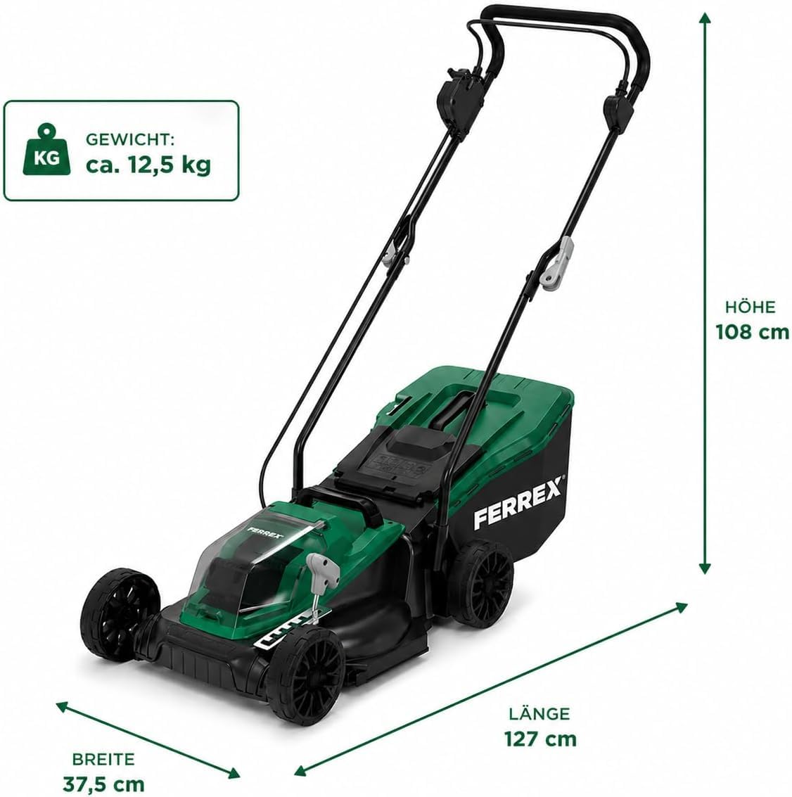 FERREX Akku-Rasenmäher Li-Ion, 33 cm Schnittbreite, 35 L Grasfangkorb, 6-Fach Schnitthöhenverstellung (25-75 mm), Klappbarer Handgriff, Grün/Schwarz