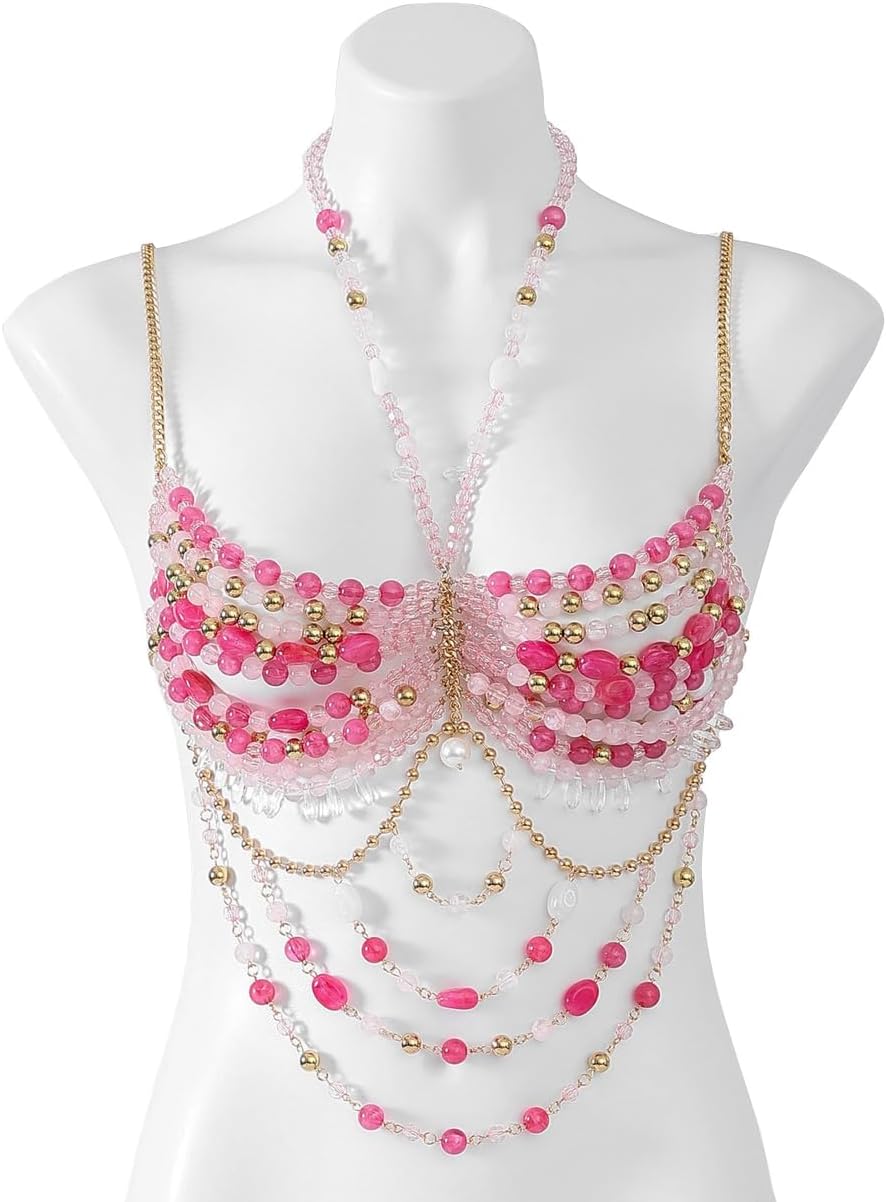 Beaded Bra Body Chain Jewelry, Pink and Gold, Layered Crystal Bead Chest Harness for Women（Rose red）