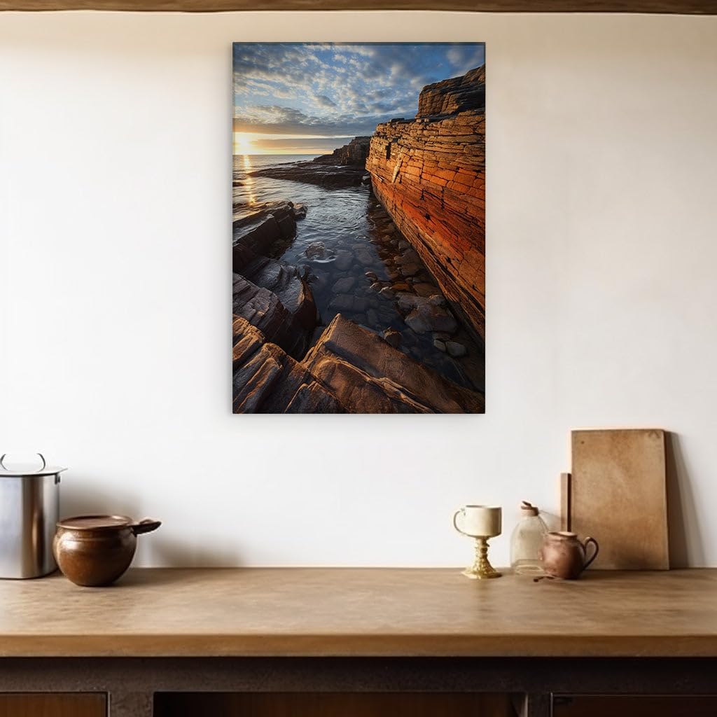 Canvas for Living room. Golden Hour Serenity Along the Multicolored Rocky Shore, 27 x 18 inch Canvas Wall Art - Surrealistic Visions - Modern Home Decor