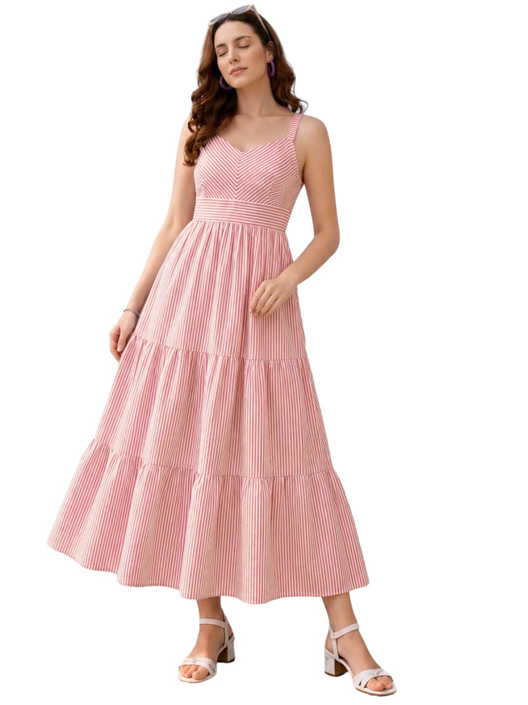bollyclues Women's Pure Cotton Striped Sleeveless Maxi Dress | Sweetheart Neck Tiered A-Line Long Dress | Casual Summer Beach Vacation Flowy Dress for Women-picture-46