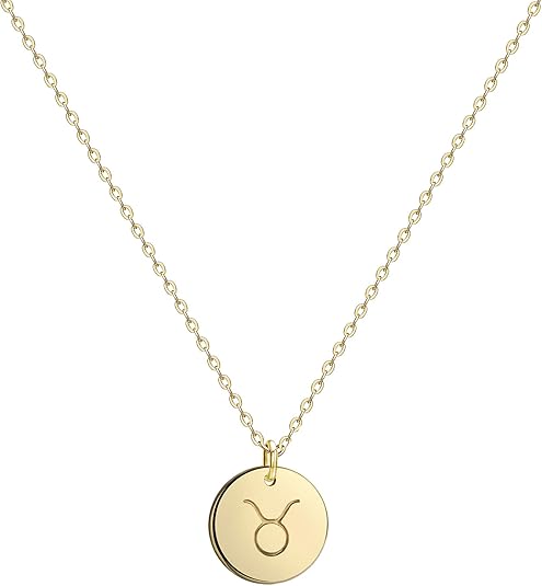 Befettly Constellation Necklace Pendant 14K Gold-Plated Hammered Round Disc Engraved Zodiac Sign Pendant 17.5’’ Adjustable Dainty Necklace