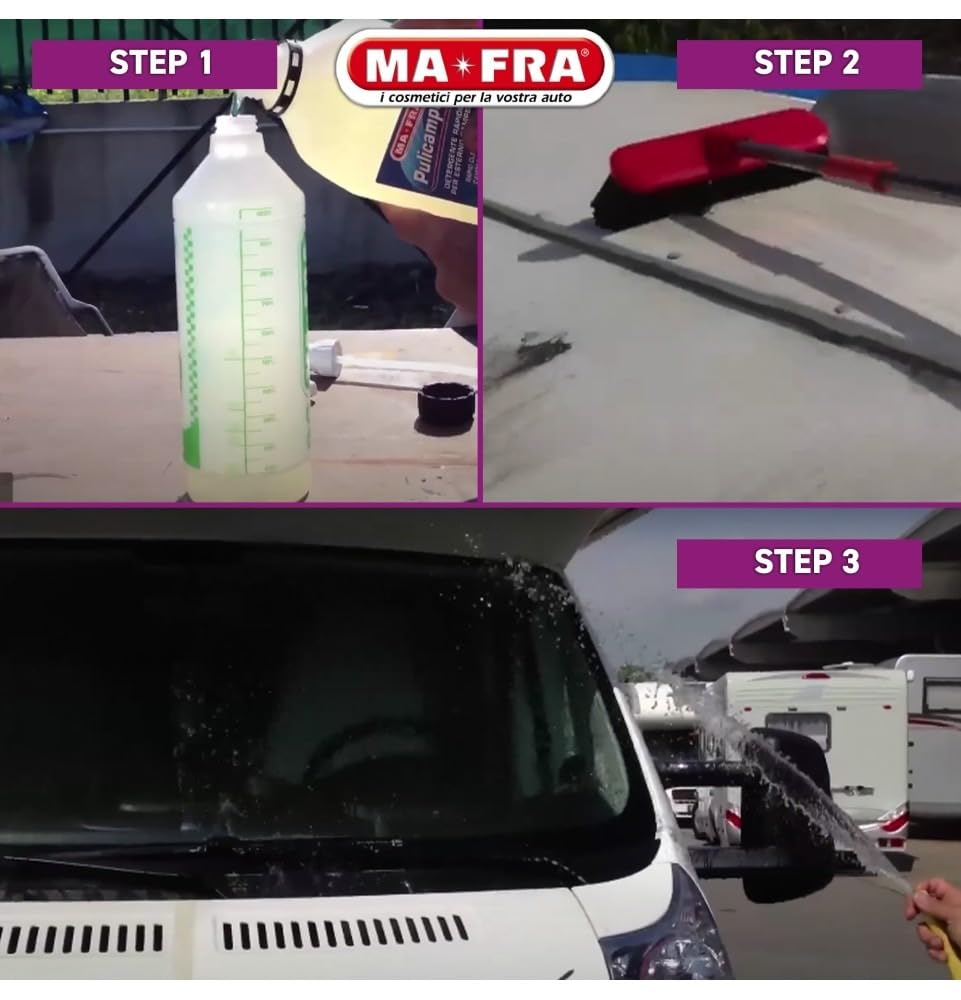Ma-Fra Pulicamper 2 Pezzi Formato 4 Litri – Detergente Camper Esterno, Elimina Righe Nere, Smog, Moscerini e Sporco Ostinato, Sicuro su Vetroresina e Alluminio - Confezione da 4 Litri 2 Pezzi