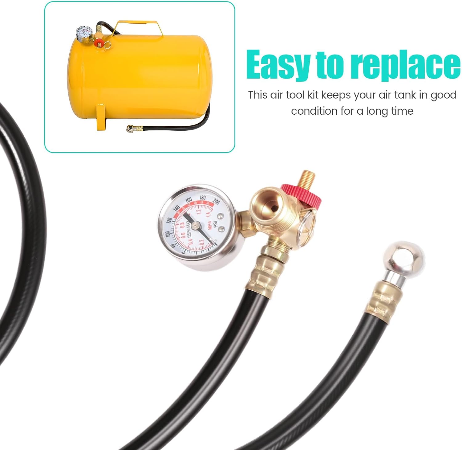 Air Tank Repair Kit with 0-200 PSI Pressure Gauge, 4ft PVC Air Hose Assembly & Heavy Duty Brass Manifold - Replacement Valve Kit for Portable Carry Tanks - 1/2" MNPT Tank End, 1/4" NPT Tire Chuck