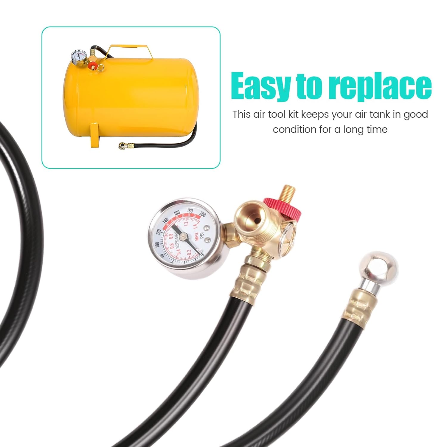 Air Tank Repair Kit w/Safety Valve 0-200 PSI Pressure Gauge and 4 Feet Air Tank Hose Assembly kit for Portable Carry Tanks Maintenance(Yellow)