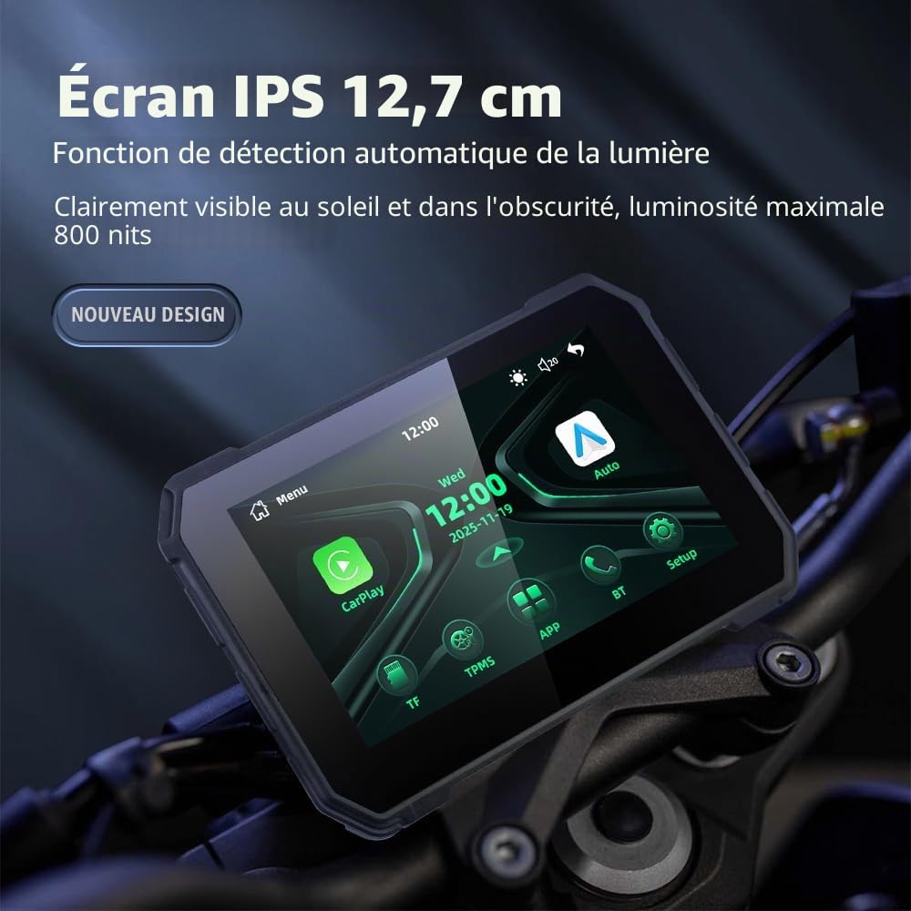 Écran GPS Moto 5 Pouces avec CarPlay sans Fil & Android Auto, Écran IPS 800x480, WiFi 5GHz, BT 5.0, Support PhoneLink, Carte TF, Système Linux