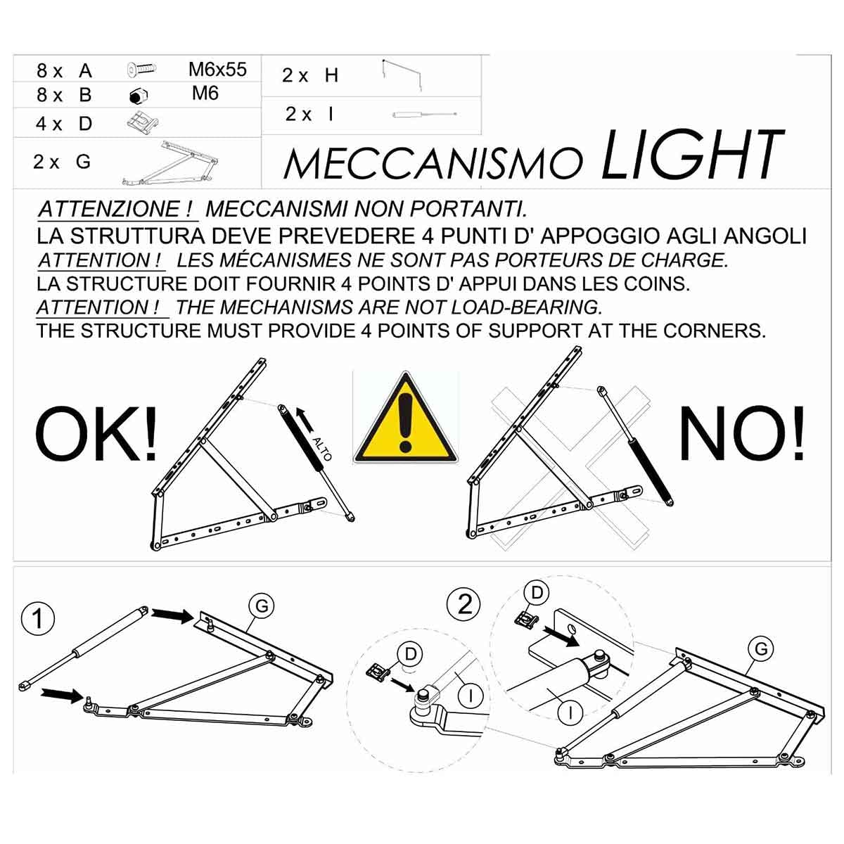 Cortassa Soluko Sistema di Sollevamento Letto LIGHT 1000N Matrimoniale – Kit Meccanismo Apertura Letto Contenitore – Molle a Gas e Ferramenta Completa