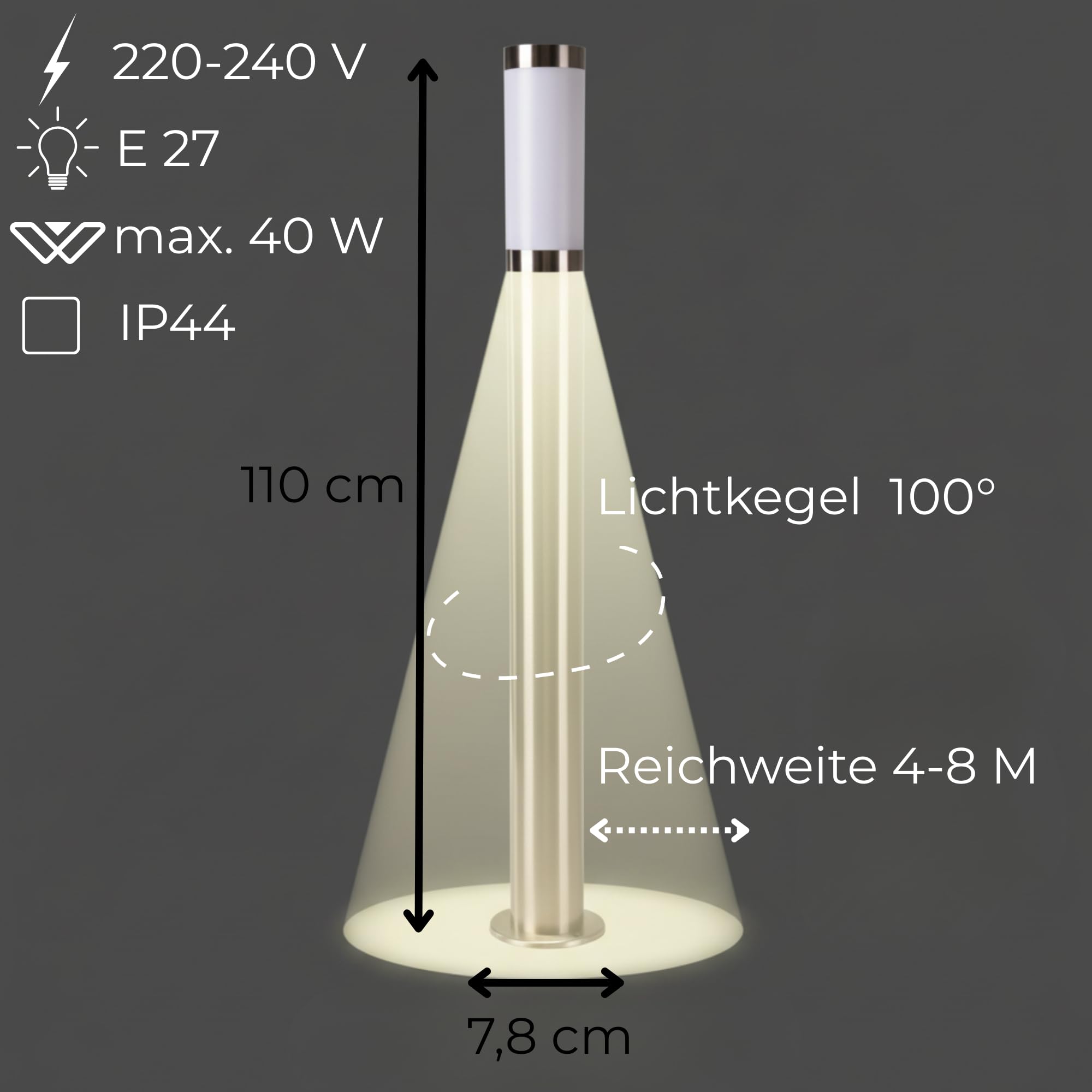 Novatool 4x Wegeleuchte I 110 cm I mit Erdspieß I Edelstahl I IP44 I E27 Sockel I Wegebeleuchtung aussen Aussenleuchten Garten Standleuchte Terassenleuchte Gartenleuchte stehend Terrassenlampe