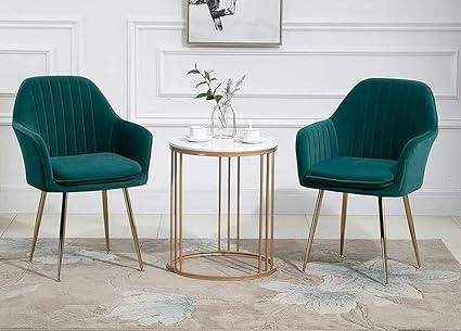 PHIRKCRAFT Wooden Upholstered Dining Chair Set of 2 | Accent Chair for Living/Drawing Room, Bedroom & Office | Upholstery Barrel Arm Chair with Velvet Fabric | Golden Metal Legs, Green