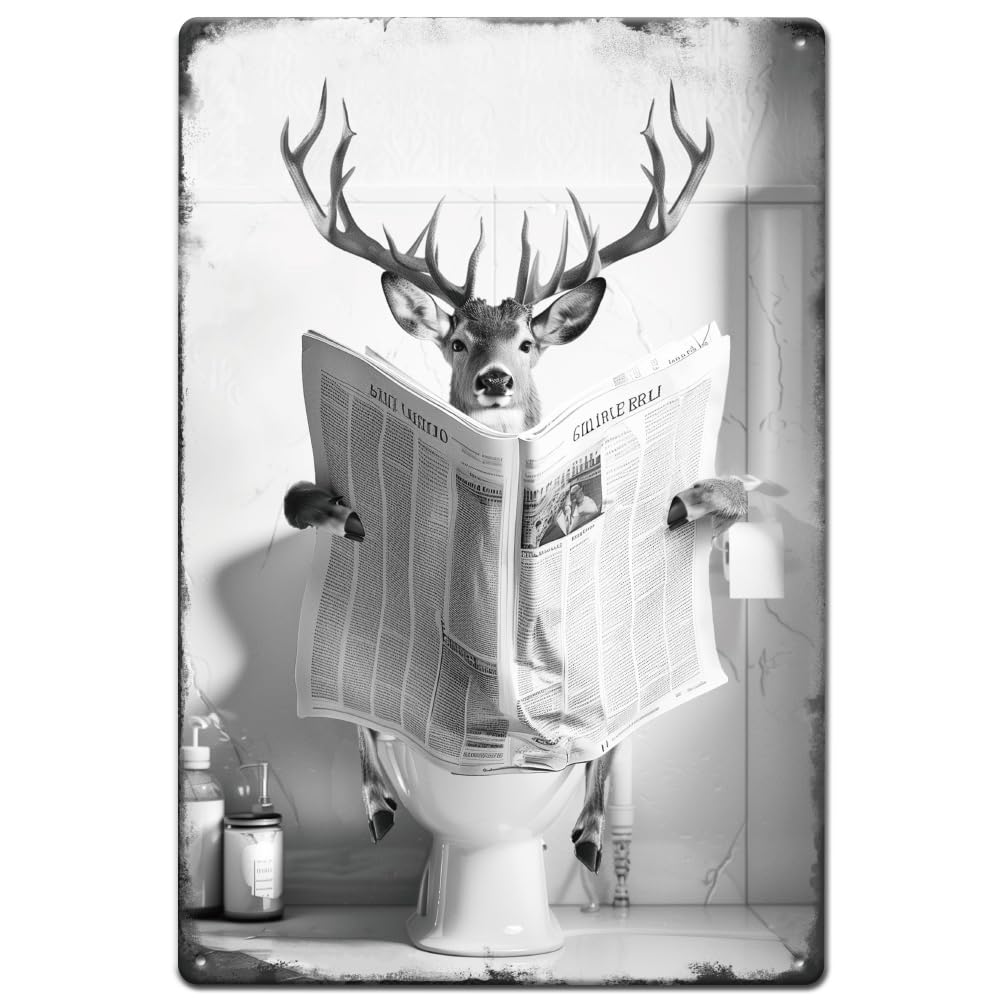 SUPERDANT Plaque Métal Vintage Cerf Lisant Le Journal - Décoration Humour Toilettes 30x20cm