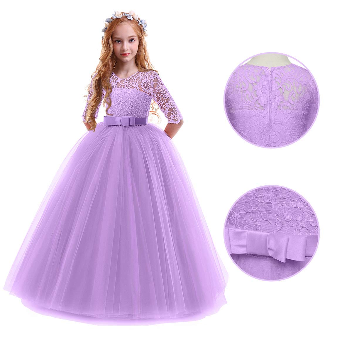 IWEMEK Flower Girls 3/4 Sleeve Floral Lace Tulle First Communion Pageant Dresses Kids Big Girls Princess Birthday Carnival Christmas Bridesmaid Wedding Party Prom Ball Gown 2-14 Years — view 3