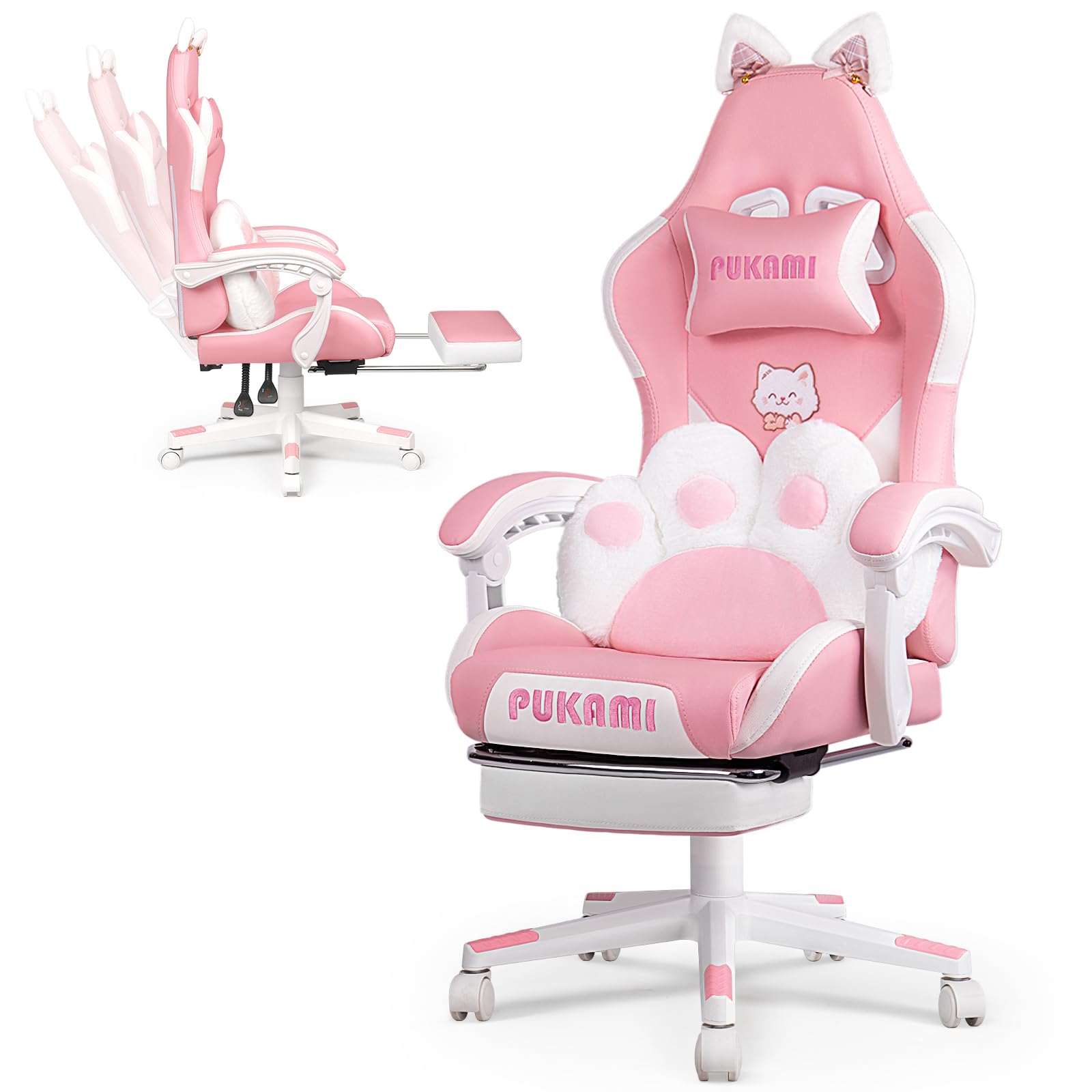 Waleaf Sedia Gaming Rosa, Sedia da Gaming Ergonomica con Regolabile Poggiapiedi, Poggiatesta, Supporto Lombare, Poltrona per Computer con Orecchie da Gatto, Altezza Regolabile