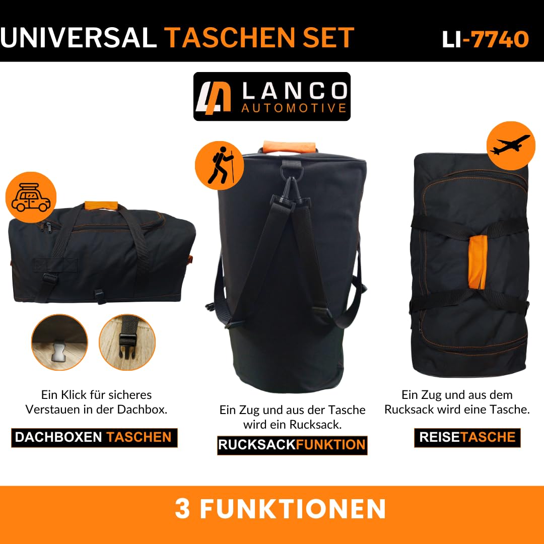 LANCO Dachbox Taschen Set - 49x60x30cm & 60x35x30cm - Robuster Organizer | Dachboxtaschen mit Klick-Befestigung, Tragegriff & Reißverschluss. Als Rucksack oder Reisetasche im Auto verwendbar.