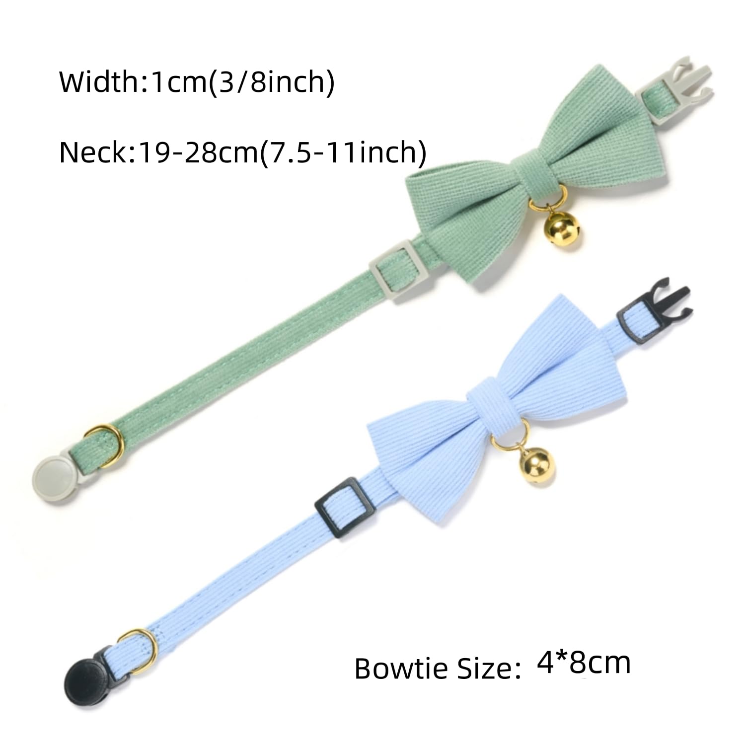 Petiry Soft Corduroy Cat Collars - Quick Release Kitten Collars with Removable Bow Ties and Gold Bells,Pack of 2,SageGreen Blue - Image 4
