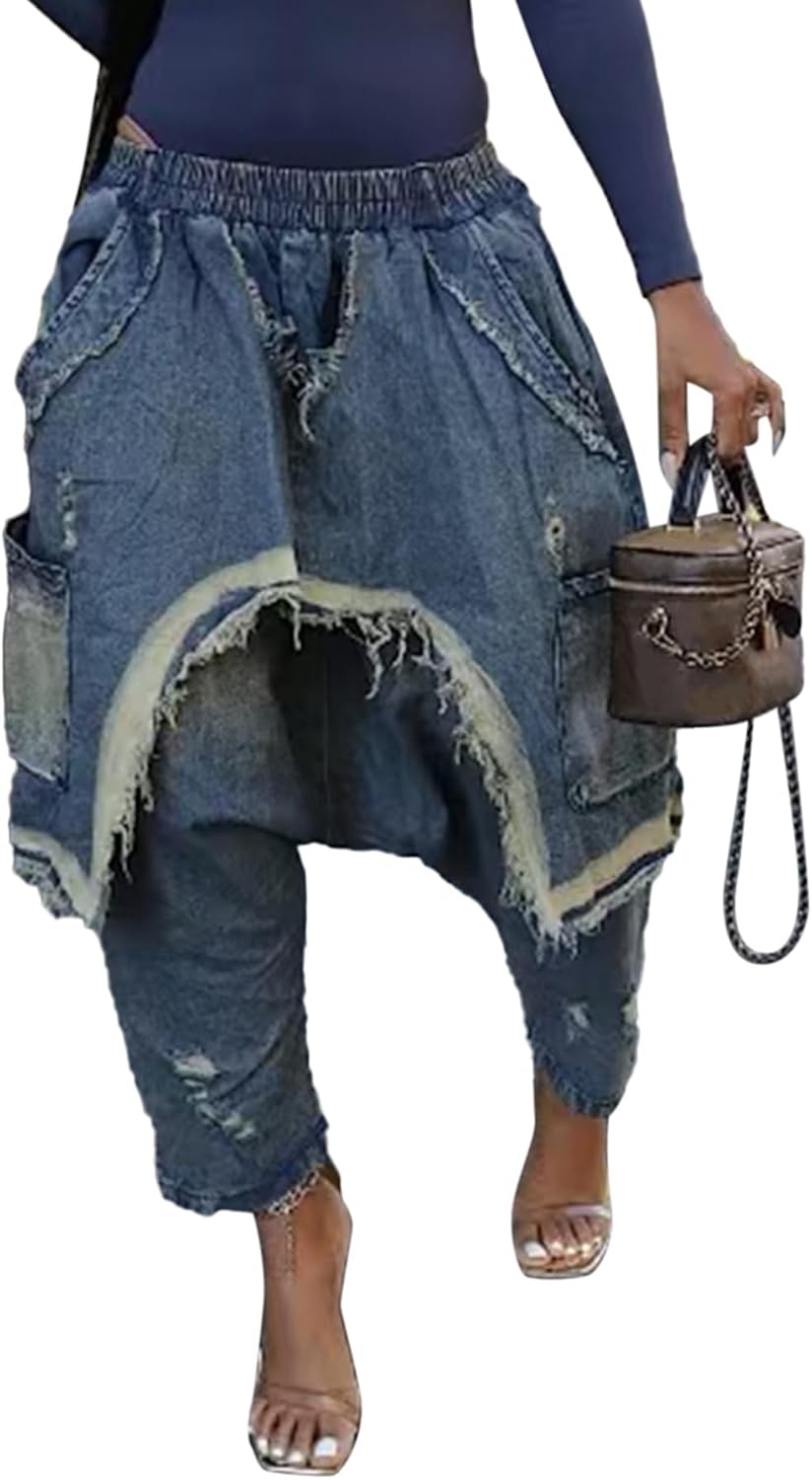 LETSVDO Womens Baggy Harem Jeans Elastic Waist Wide Leg Barrel Cargo Patchwork Ripped Hippie Cropped Denim Jogger Pants