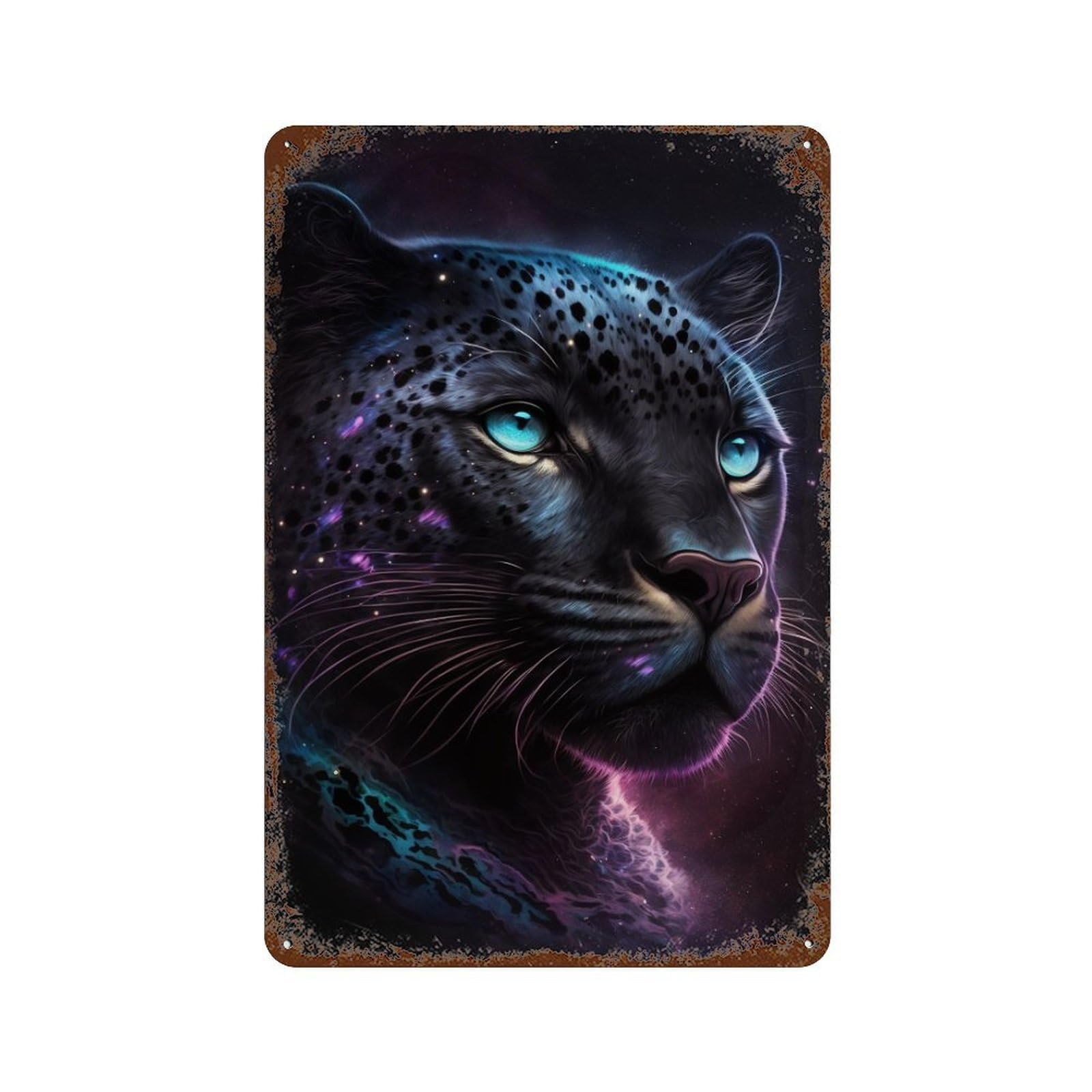 Distressed Metal Wall Sign with Cosmic Leopard Portrait-1 Design 11.8"x7.9", for Cafe, Home Bar And Lounge Decor, Retro Wall Decor