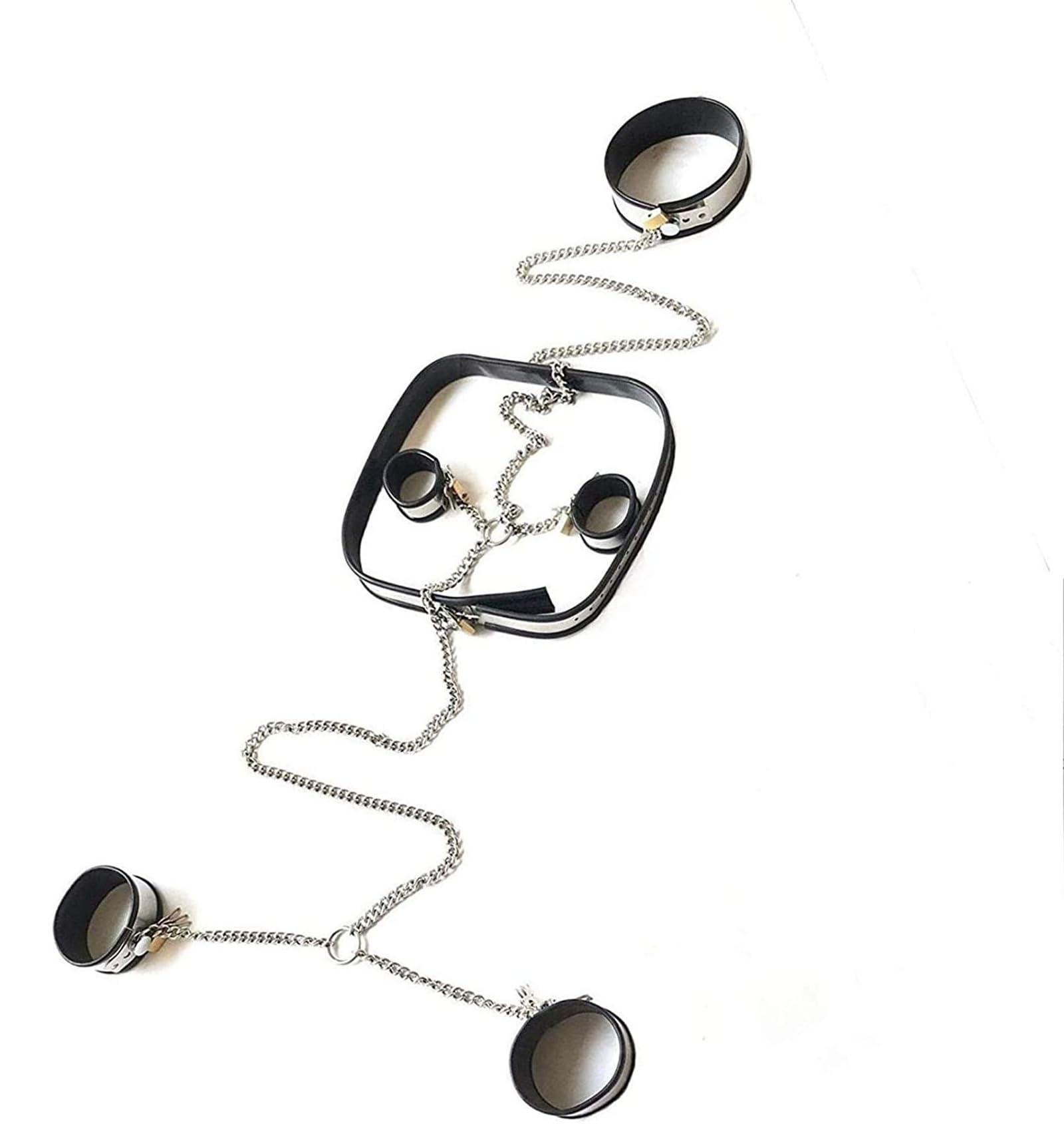4 Teile/Satz Bondage Set Edelstahl Silikon Handschellen Fußfesseln Sklave Kragen Halsband BDSM Keuschheit Gürtel Restraint System Kit Abschließbare Sex Toys für Paare,Schwarz,100/110cm