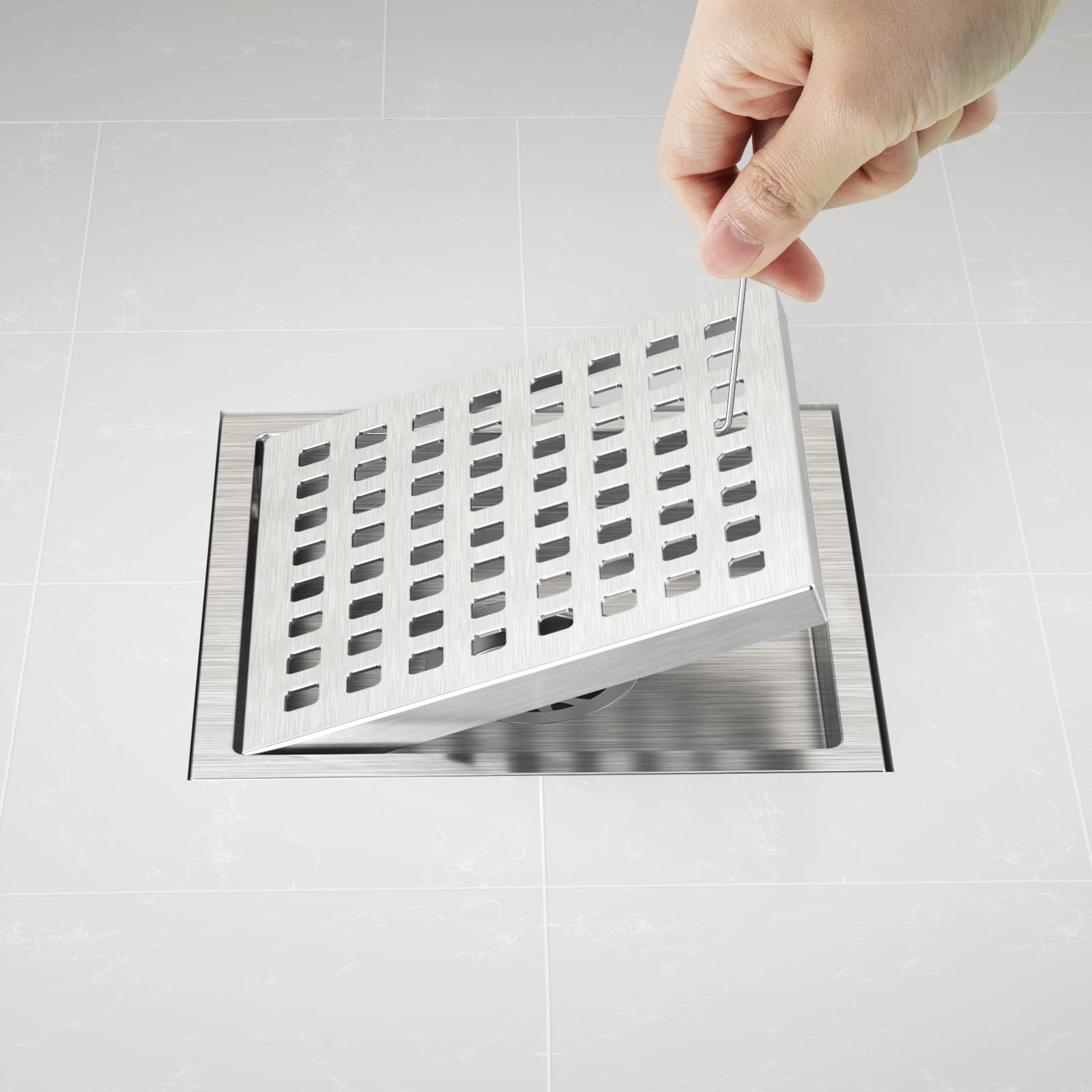 6 Inch Square Shower Drain Brushed Nickel, EXF Stainless Steel Shower Floor Drain Kit with Flange, Removable Grid Cover, Hair Strainer