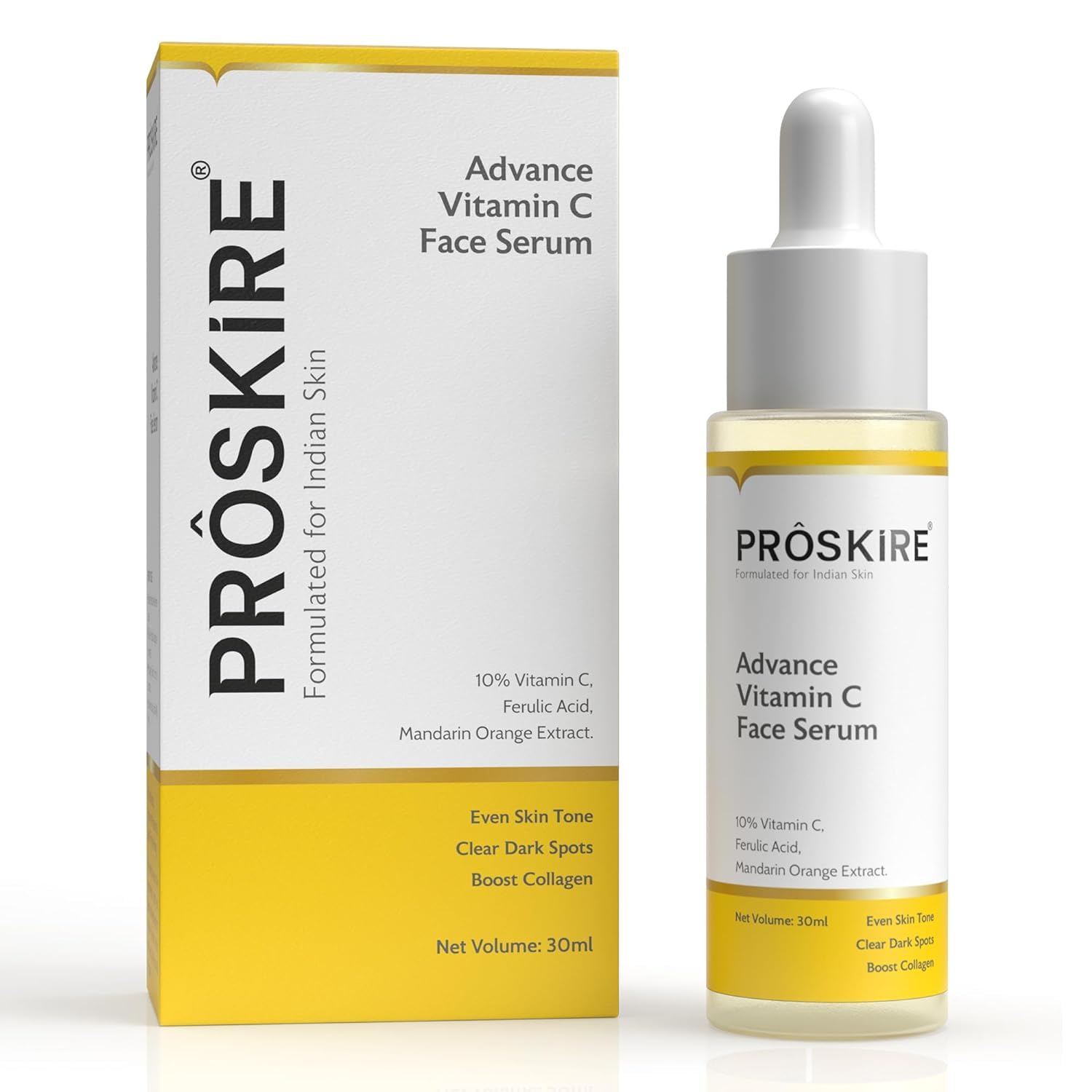 Pro skire 10% Advance Vitamin C Serum With Ferulic Acid, Mandarin Orange Ext. For Dark Spots, Pigmentation & Glowing Face - 30 ml Pack