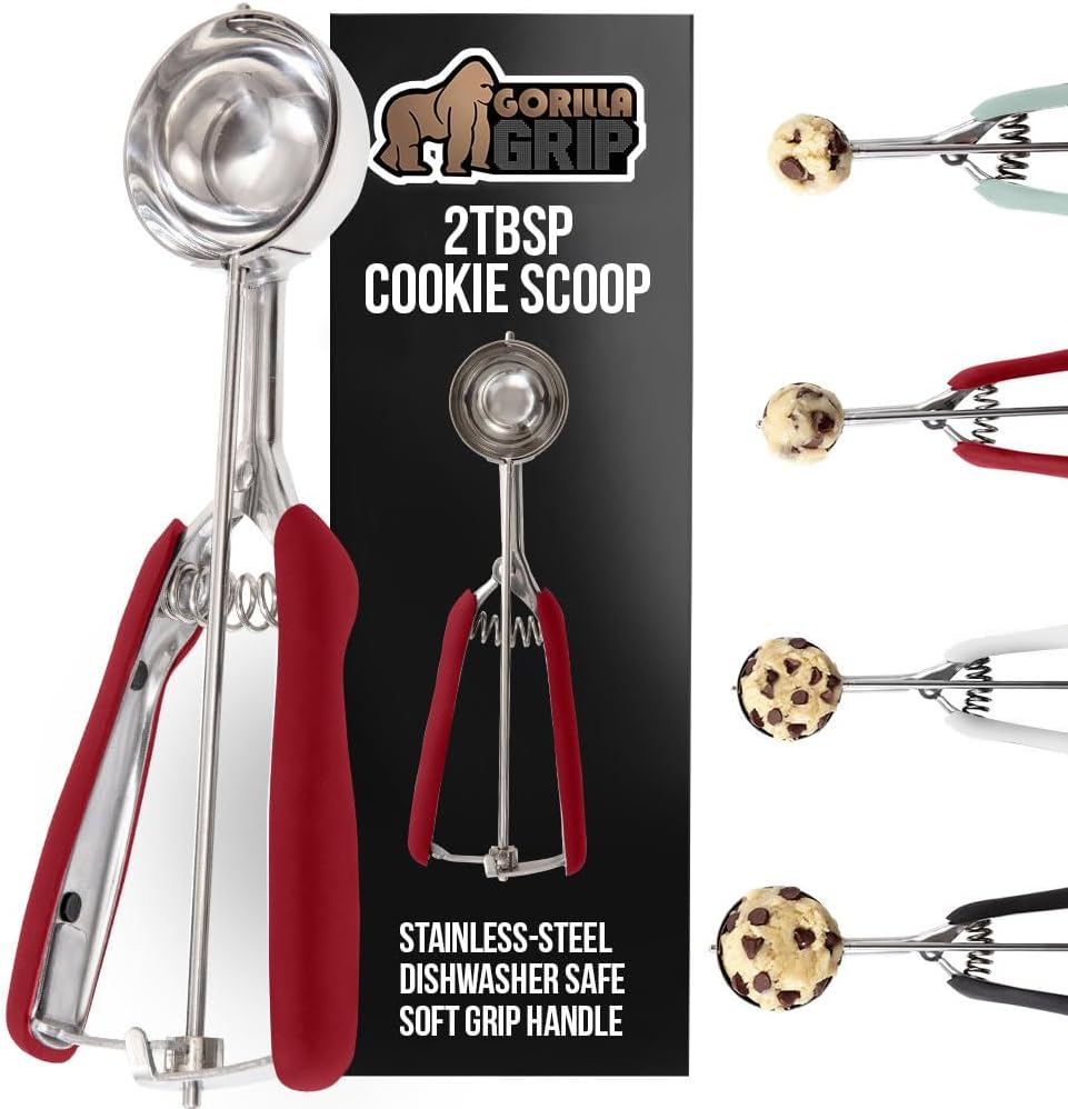 BPA-Free 304 Stainless Steel Cookie Scoop, 2 TBSP Scooper #40, Soft Grip Handle, Easy Food Release, Create Even Portions, Multipurpose Kitchen Melon Baller, Meatball Spring Scoops, Red