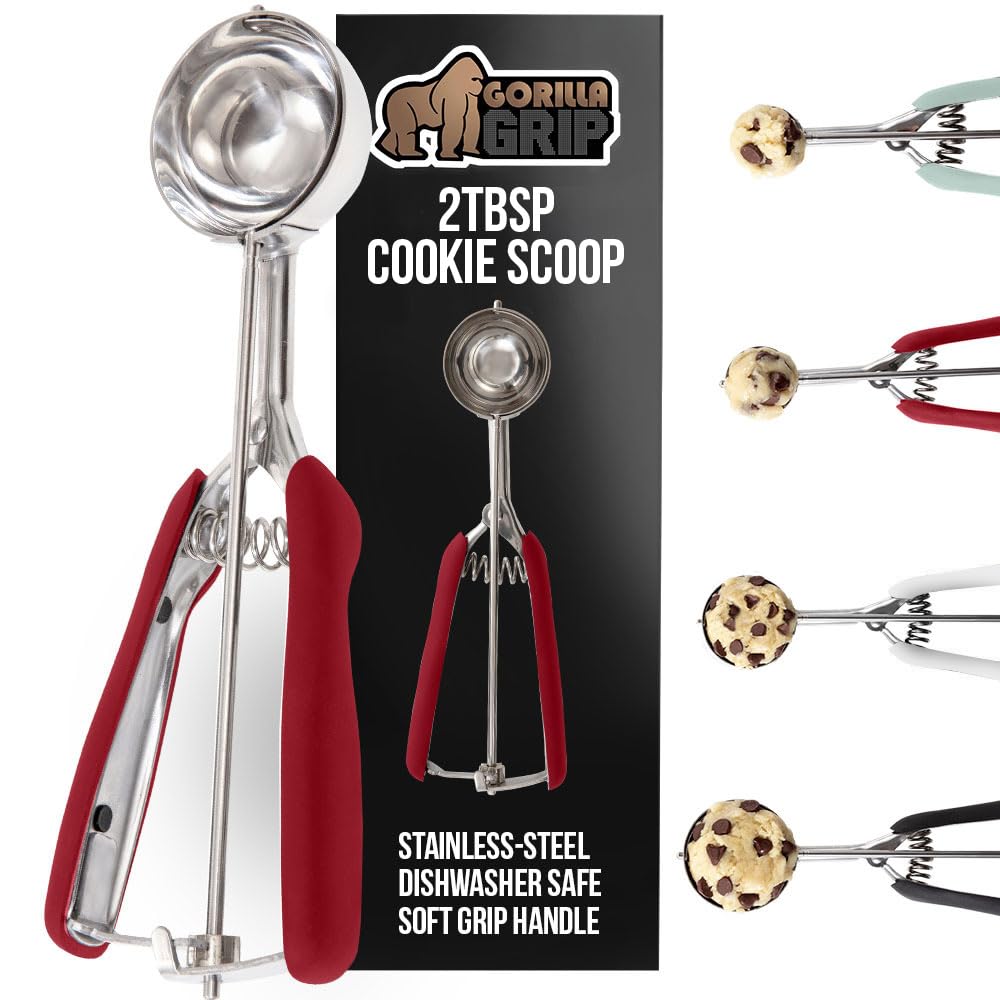 Gorilla Grip Premium Cookie, Fruit and Ice Cream Spring-Loaded Scoop, 2 TBSP Medium Capacity, Comfortable Scooper Handle for Easy Squeeze, Durable Stainless Steel, Uniform Portions Every Time, Red