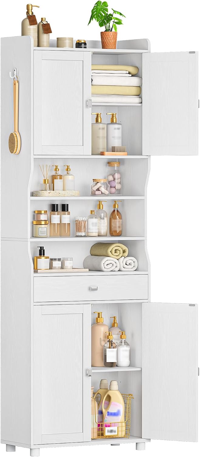 Hzuaneri Badezimmerschrank, Hoher Badschrank mit 4 Türen und 1 Schublade, Beistellschrank mit Verstellbaren Ablage und 3 Offenen Fächern, für Wohnzimmer, Badezimmer 28 x 60 x 180 cm Weiß 5260013X