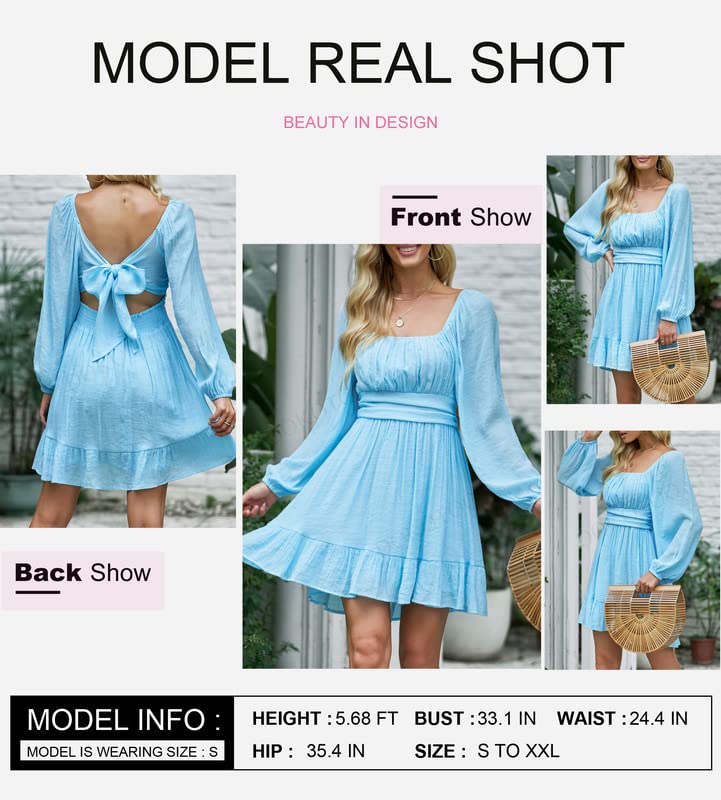 Image of Dokotoo Womens Dress Long Lantern Sleeve Square Neck Tie Backless Sexy Dress Ruffle Elastic Waist A-Line Mini Dress