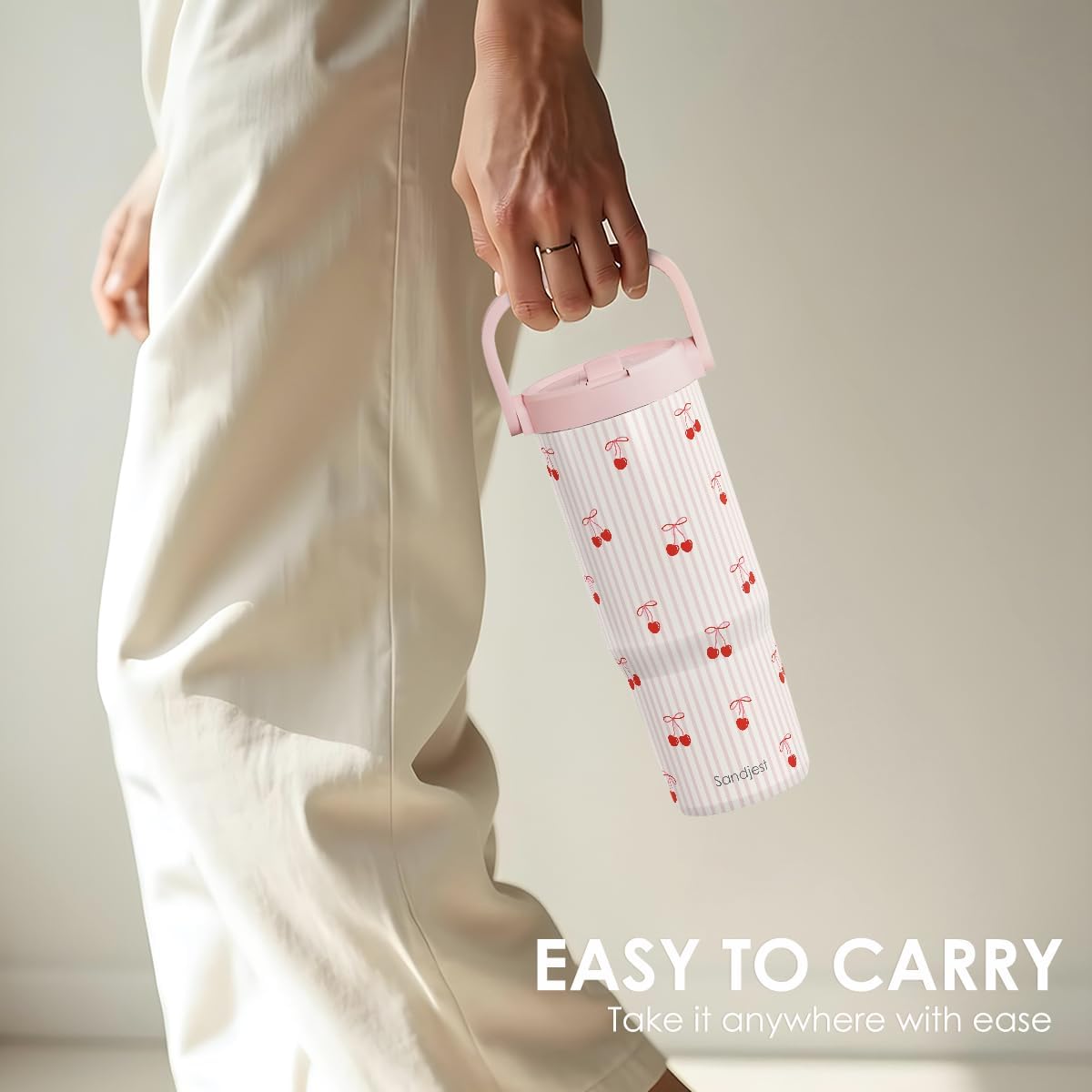 SANDJEST Cherry Stainless Steel Straw Lid Tumbler 30oz with Carry Handle for Women Girls, Aesthetic Insulated Travel Coffee Cup, Gift for Sports Workout Birthday Christmas - Image 5