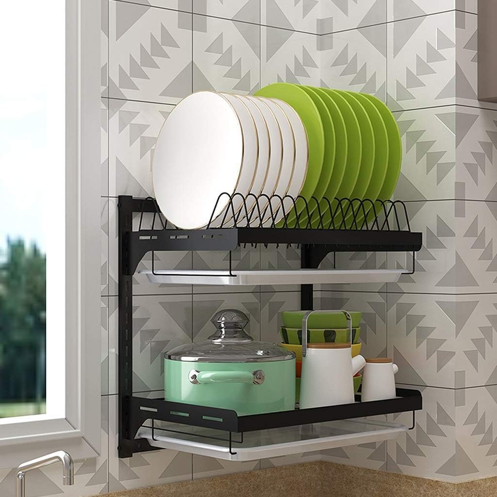 Égouttoir à vaisselle mural en acier inoxydable à 2 niveaux avec plateaux pour assiettes et bols. Gain de place pour un rangement efficace de la cuisine