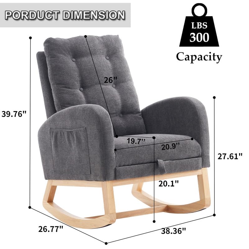 Image of Rocking Chair with Foot Rest, Nursery Rocking Chairs with Rubber Wood Legs, High Back Pocket Modern Upholstered Glider Chair, Comfy Accent Rocker Armchair for Living Room Bedroom,Dark Grey