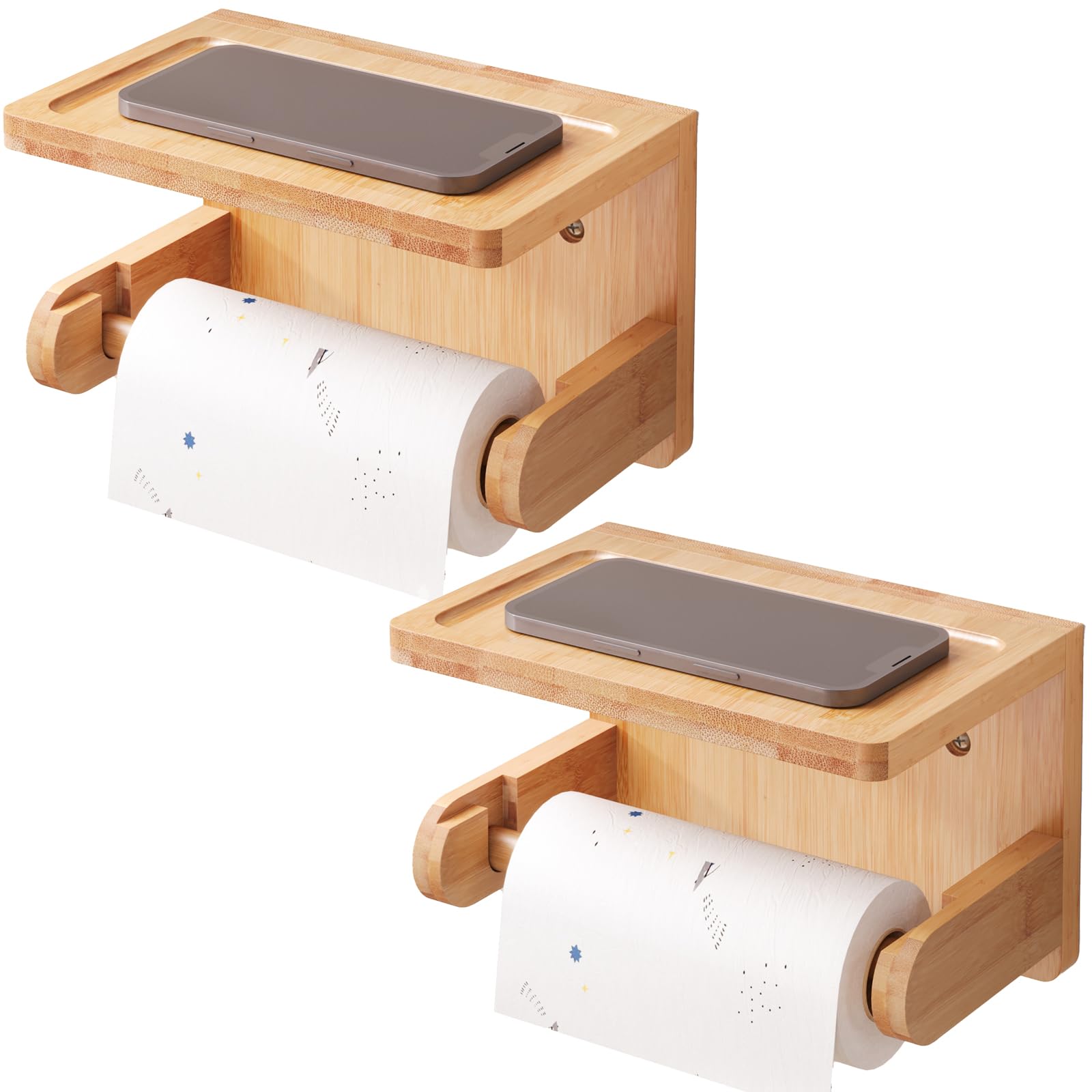 VERTORGAN 2 Pack Toilet Paper Holder with Phone Shelf,Bamboo Wall Mounted Tissue Roll Holder for Bathroom,Adhesive or Screw (Natural)