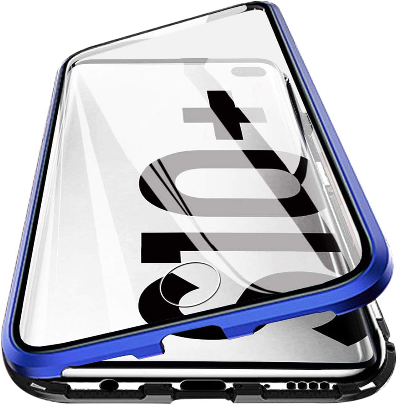 Vsmano Galaxy S10 Plus Magnetic case, 360° Transparent Tempered Glass Shockproof Magnetic Adsorption Metal Bumper Flip Cover (Clear Blue)