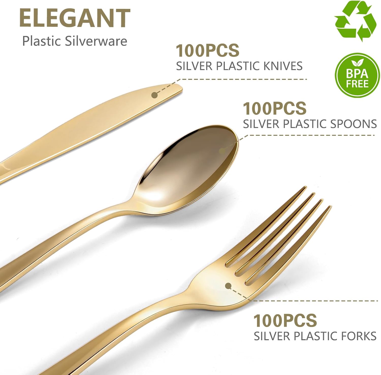 300 Pack Premium Heavy Duty Gold Plastic Silverware, 100 Forks, 100 Spoons, 100 Knives, For Parties, Dinners and Weddings, BPA-Free, Disposable Plastic Cutlery Dinnerware Utensils Set