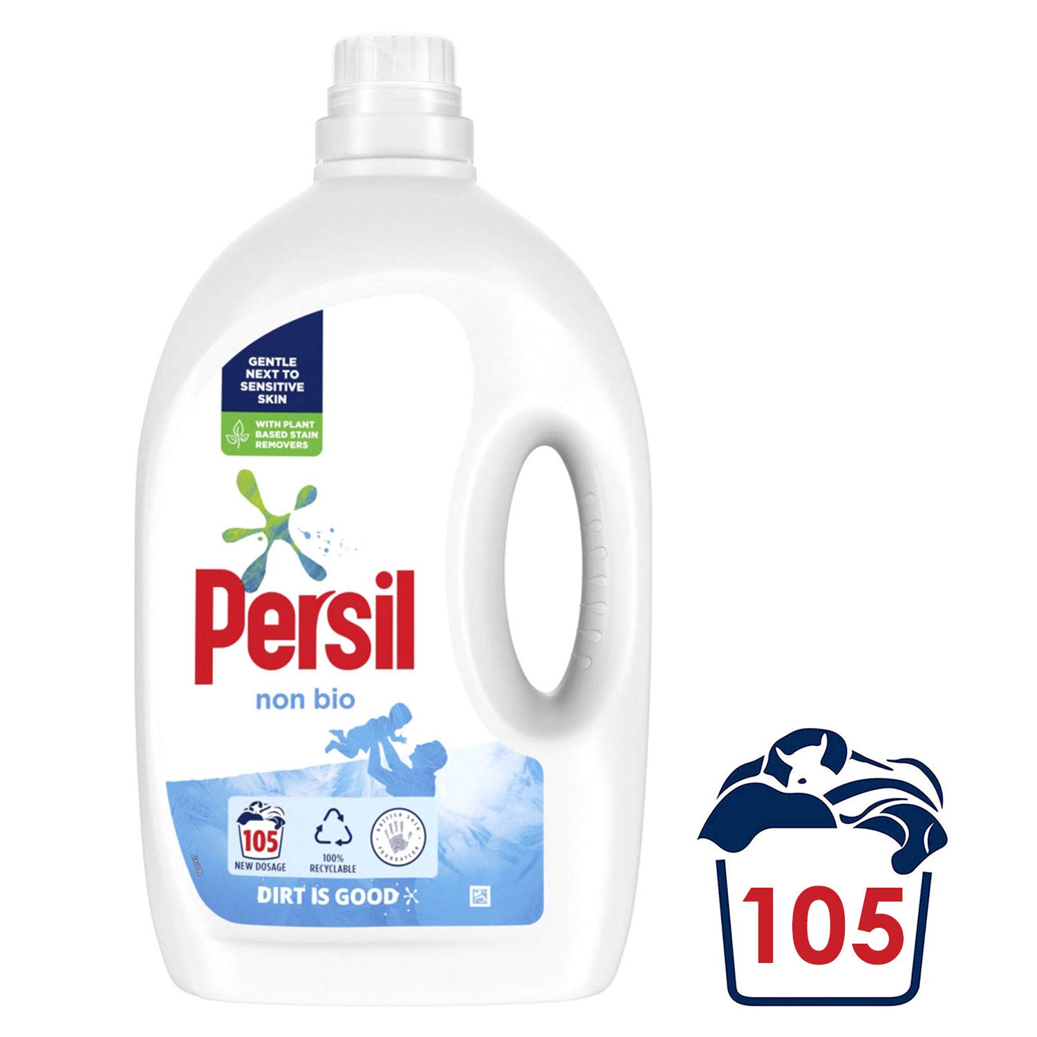 Persil Non-Bio Butelka w 100% nadająca się do recyklingu Płyn do prania Detergent do prania Odporna na plamy, delikatna dla skóry wrażliwej, 105 mycia 2,835 ml, opakowanie 2 szt