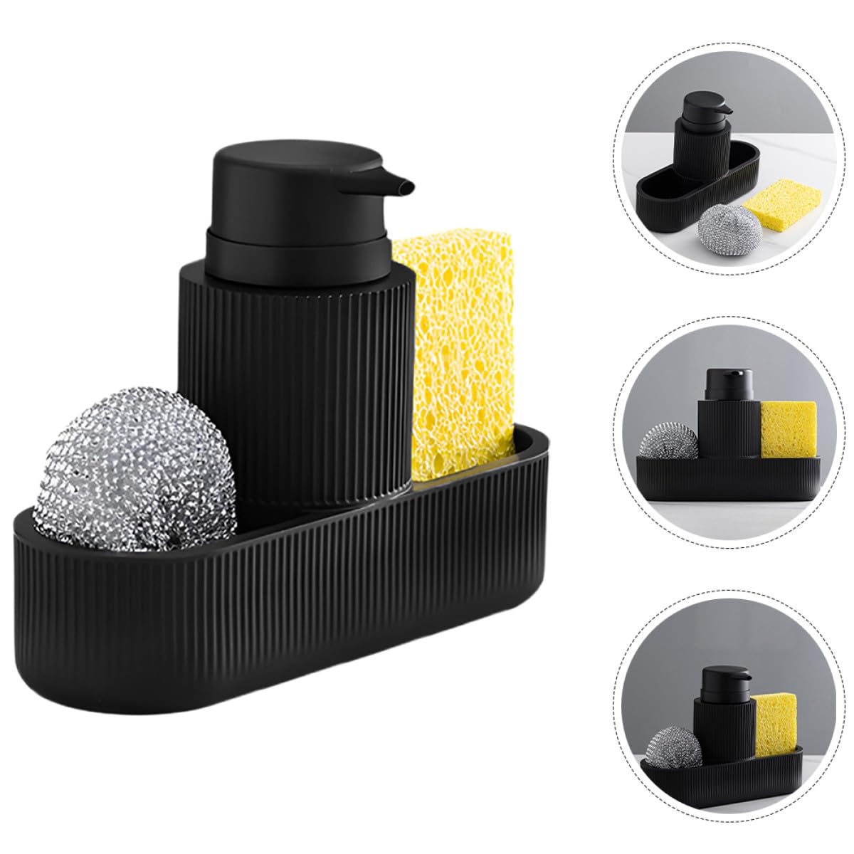 Dispenser di Sapone e Porta Spugna per Lavello Cucina Set Completo Erogatore a Pompa Nero Controllo senza Sforzo per Detersivo Piatti Organizzatore Lavaggio a Mano