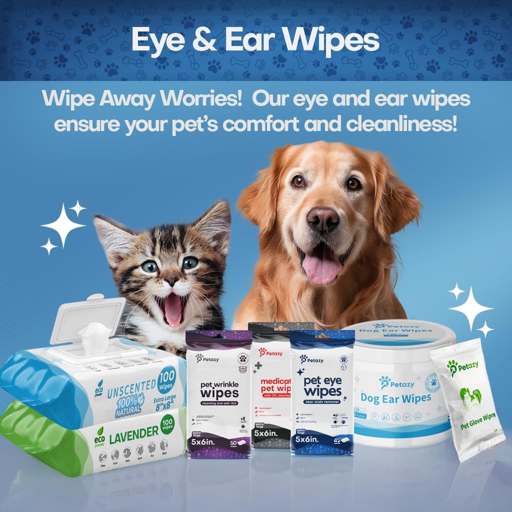 Pet Eye Wipes for Dogs & Cats - Tear Stain & Discharge Remover, 60ct | Unscented, Hypoallergenic for Sensitive skin, Larger than Pads, Aloe & Coconut Oil, Face, Cleaning, Crust & Wrinkles, 5x6 in