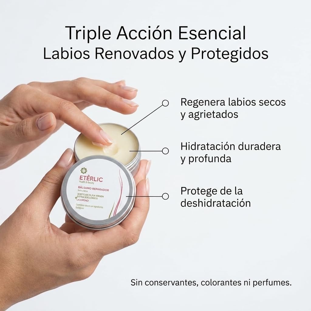ETÊRLIC naturalny balsam do ust z opatentowanym olejem | Ekologiczny oliwa z oliwek z pierwszego tłoczenia, likopen, aloes vera, shea i wosk pszczeli | Nawilżanie, regeneracja i ochrona przeciwzapalna