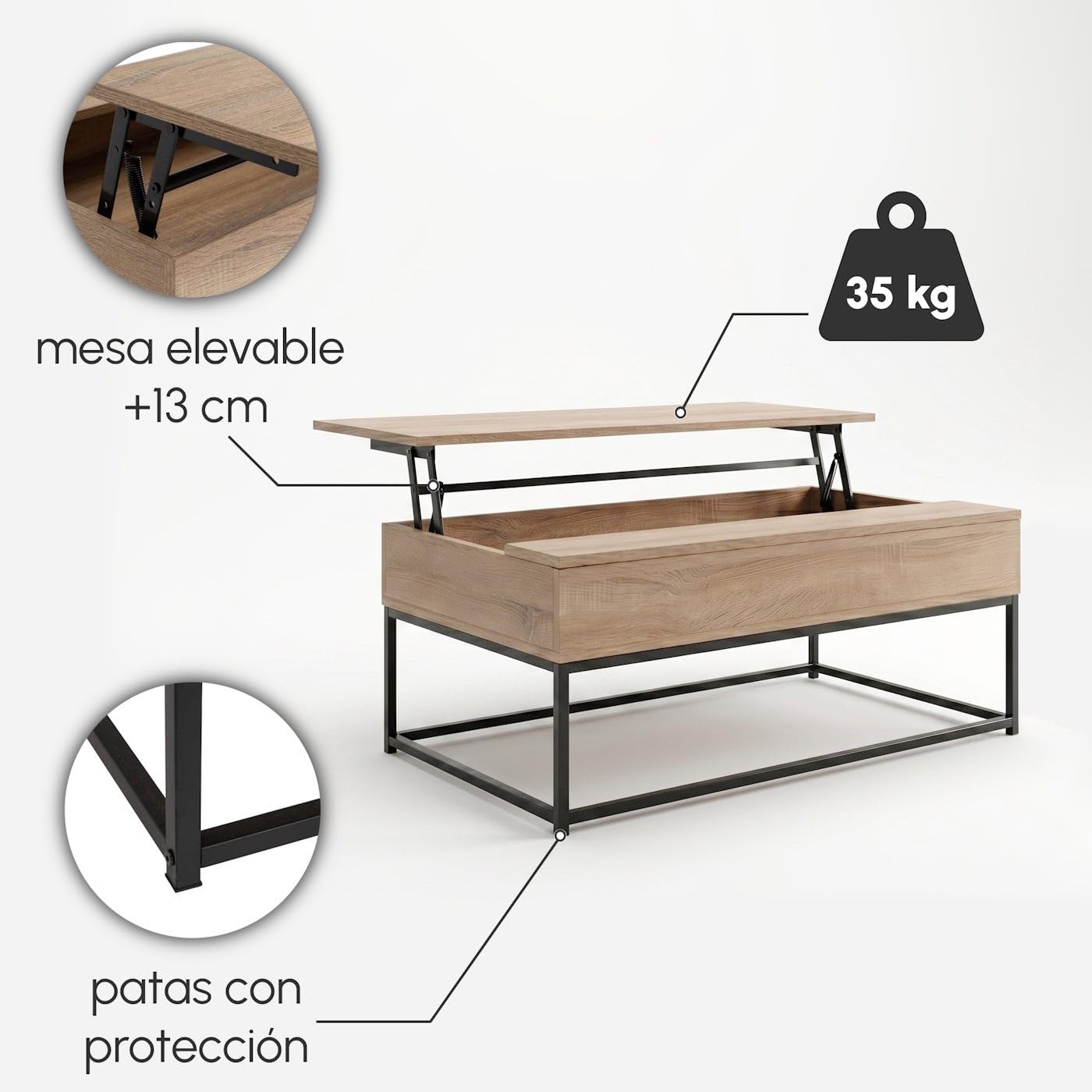 LOLAhome Mesa de Centro Elevable Urban 100x55x40/53 cm con Almacenaje Madera Roble y Metal Negro Mesa Auxiliar Salon Comedor Mesa Baja Industrial para Sofa Comer y Trabajar Portatil