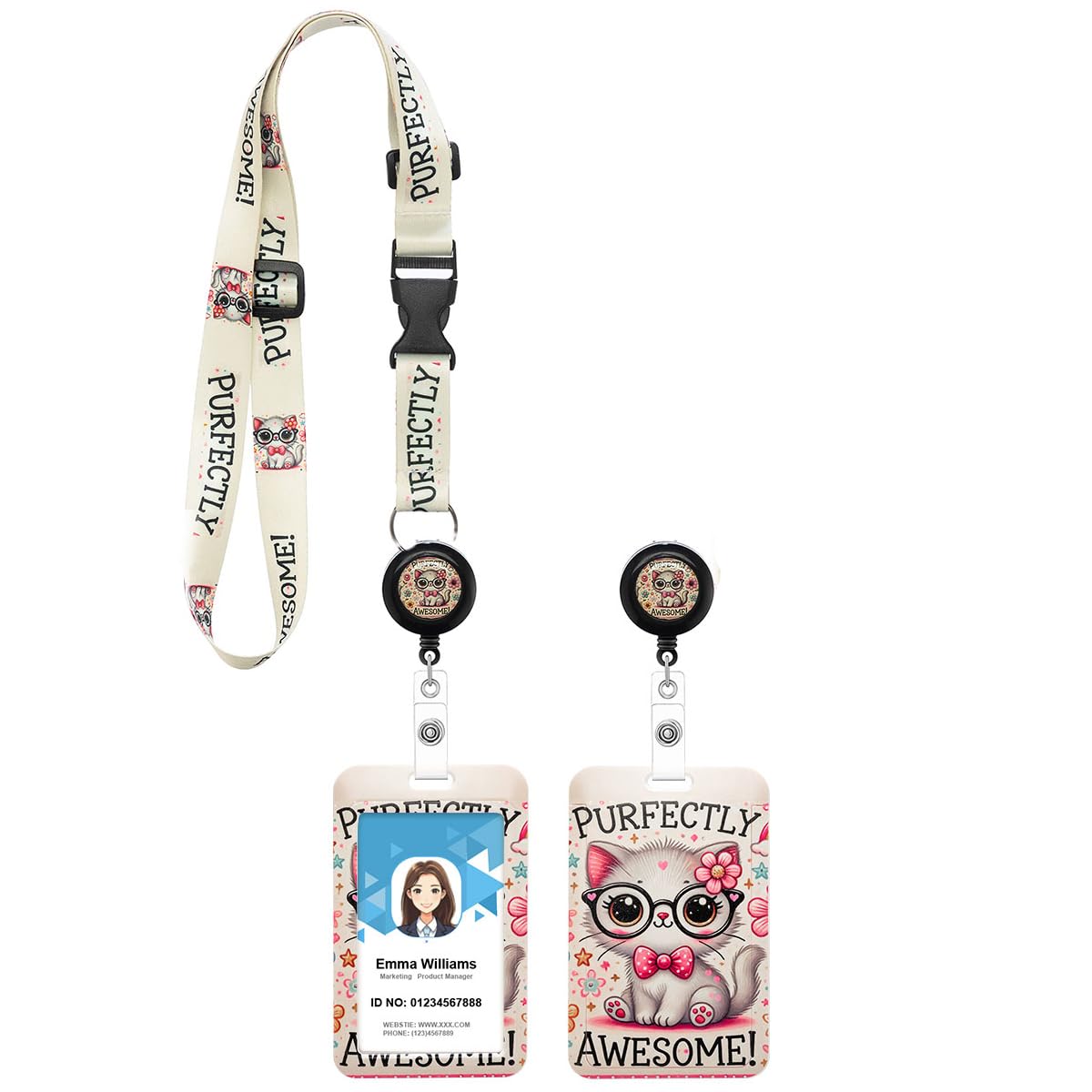 Cute Cat ID Badge Holder with Adjustable Lanyard and Retractable Badge Reel for Ship Card Holder & Cruise Essentials,Funny Work Badge for Nurse