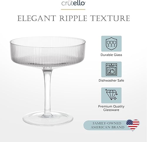 Miniatura 6 de Crutello Juego de 4 copas de champán cupé, clásicas de 7 onzas, vasos de cóctel vintage acanalados para champán, martini, Manhattan, cosmopolita,