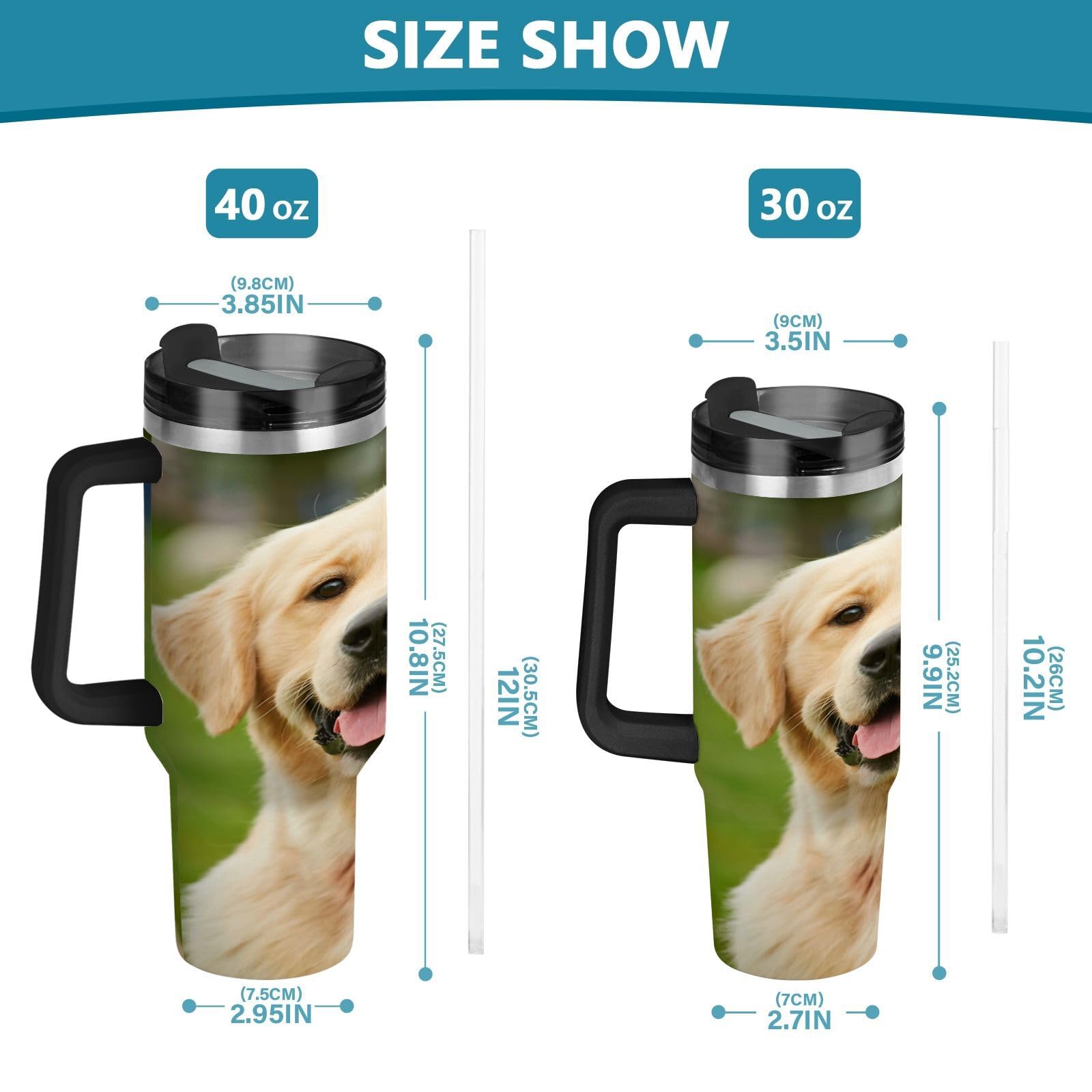 Isolierter Trinkbecher, niedlicher Golden Retriever-Hund, doppelwandig, Edelstahl, Wasserflasche, Kaffeetasse, Reisebecher mit Griff, Strohhalm-Deckel