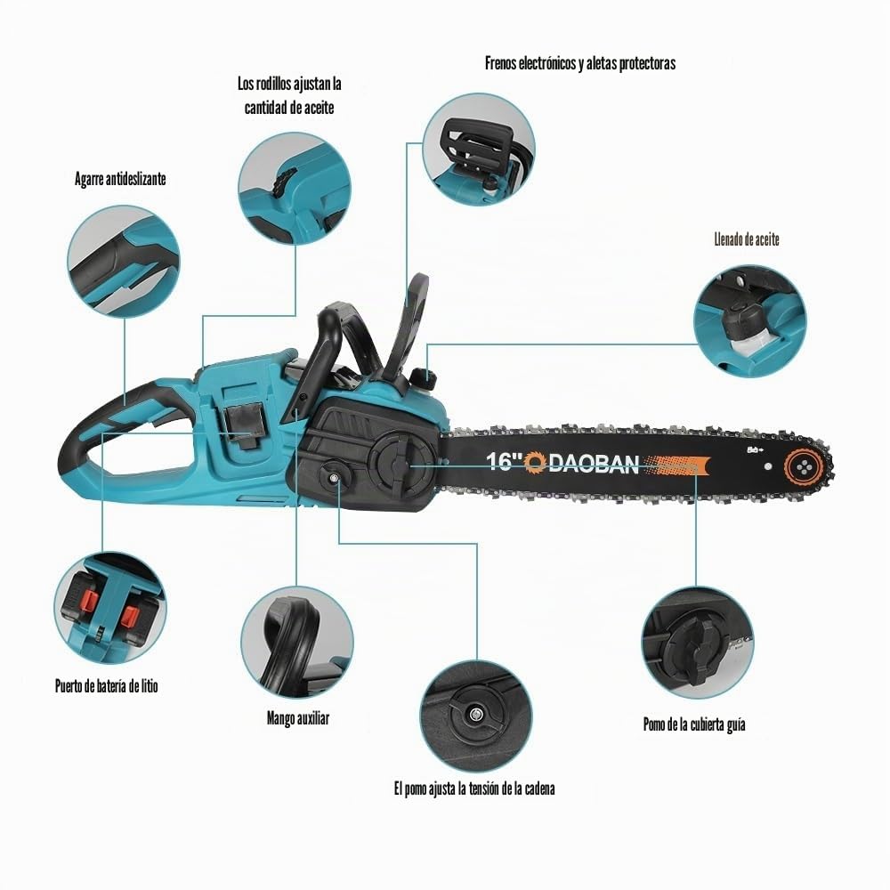Motosierra Profesional con Batería, Motosierra Eléctrica Inalámbrica de 1500W, Batería de 6000 mAh, Barra de Cadena de 40 cm, Velocidad de Cadena 18 m/s, Sistema de Lubricación Automática (Azul)