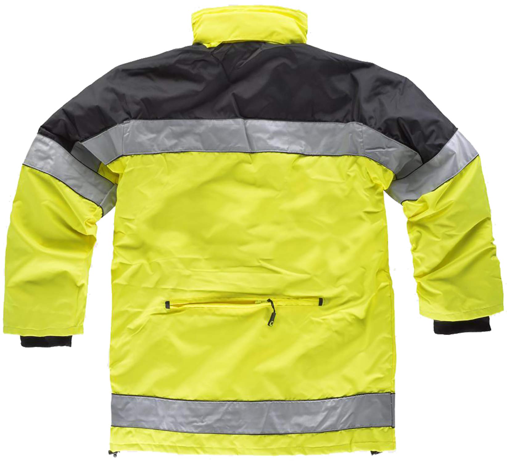 Work Team Parka Bicolor, Acolchada, Multibolsillos, con Cintas Reflectantes y Vivos a Contraste. Hombre Negro+Amarillo A.V. XXL