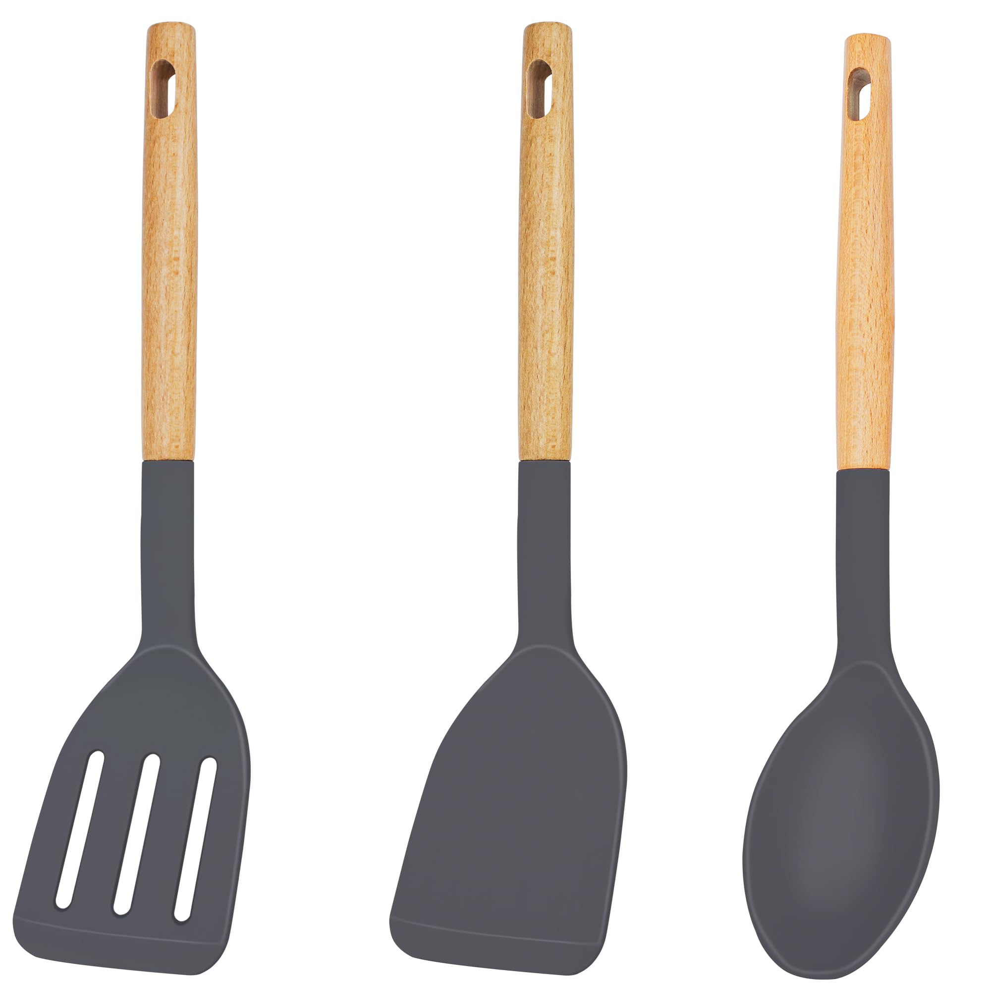 EANINNOSilicone Spatula Set Spatulas Silicone Heat Resistant for Nonstick Cookware, Large Rubber Slotted Solid Turner Spoon for Kitchen Use Cooking Utensils Set Wooden Handle Grey