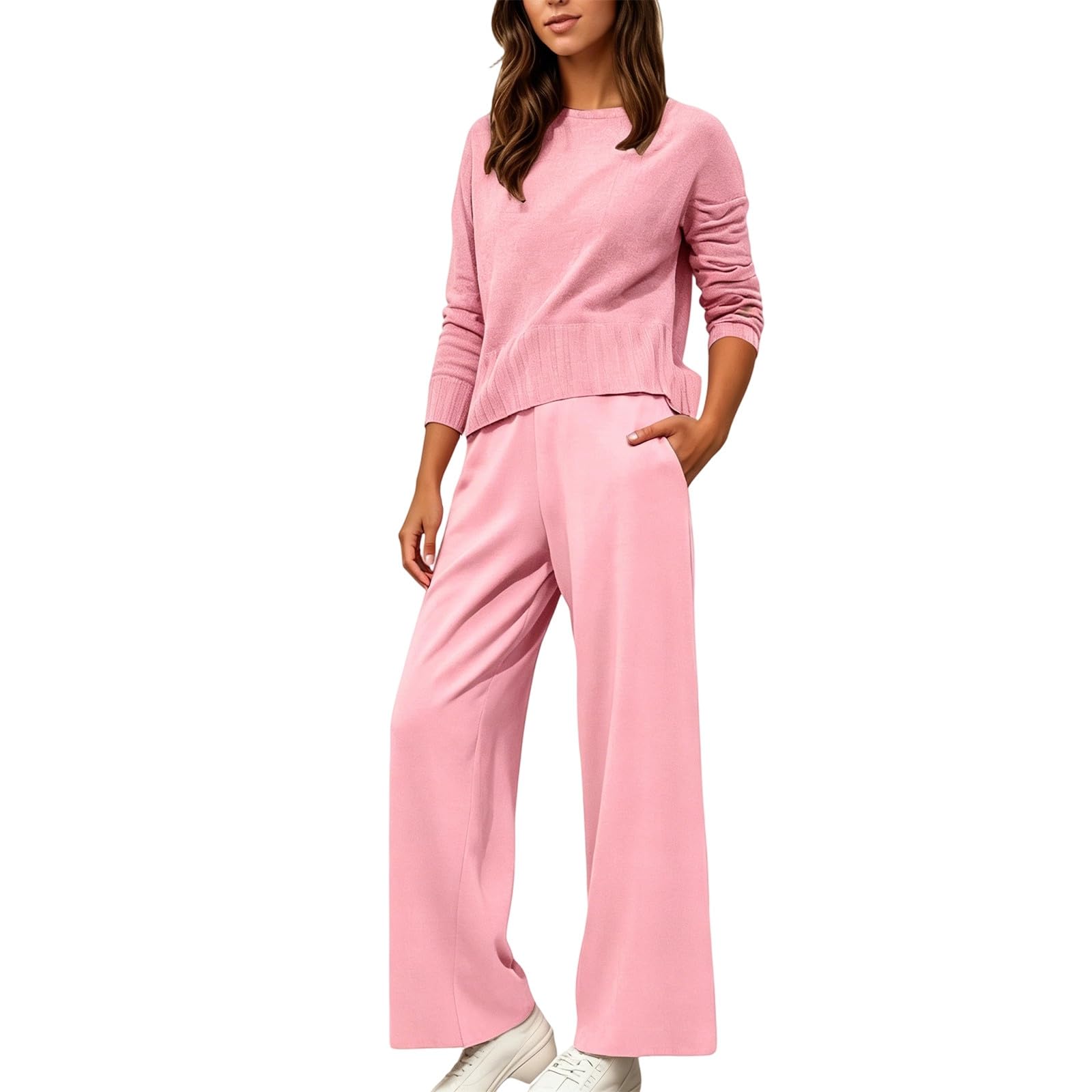 Generisch Tenue 2 pièces pour femme - Pull en tricot et pantalon - 2 pièces - Col rond - Avec cordon de serrage - Survêtement léger et confortable - Manches courtes - Vêtements d'intérieur