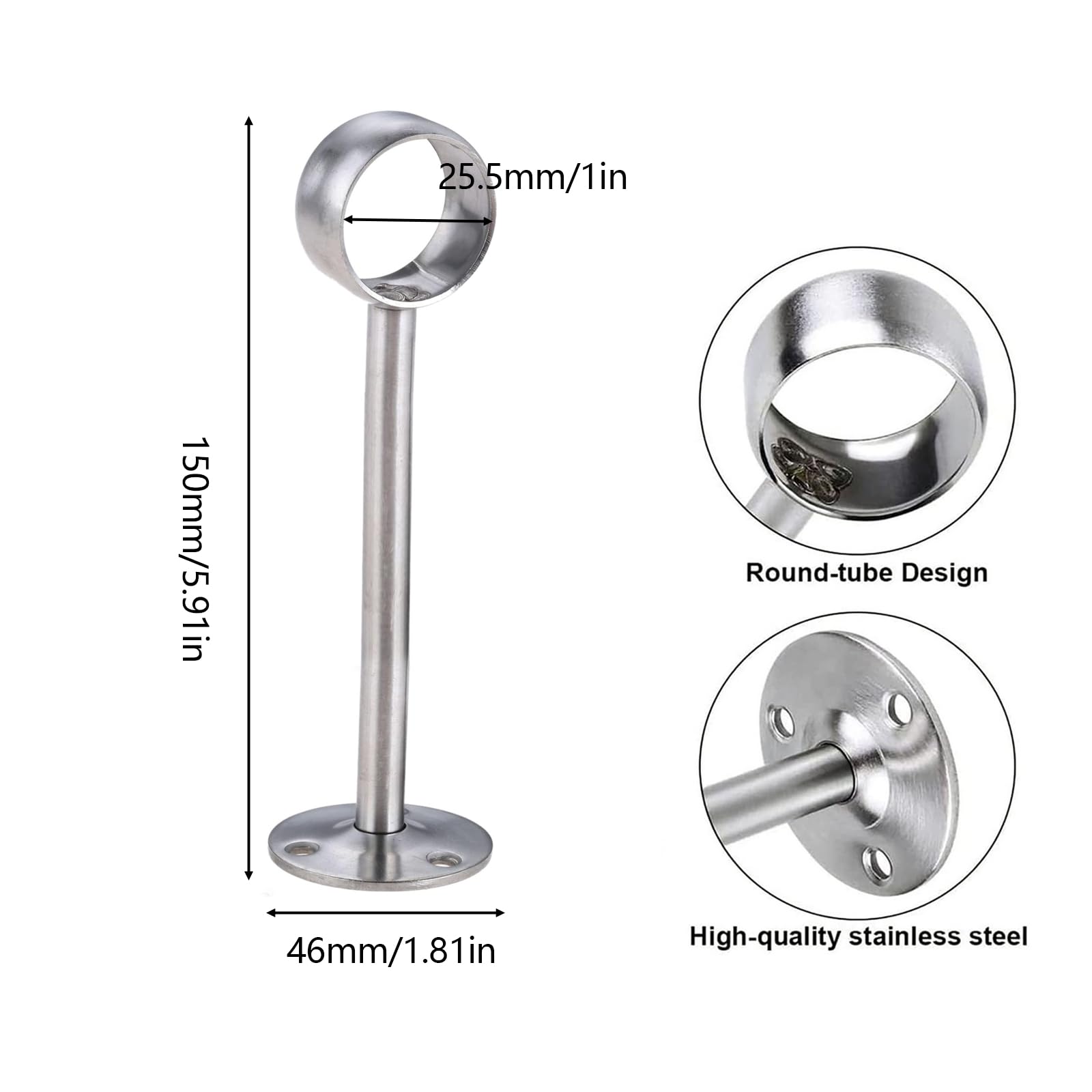 2 Pezzi Staffa Per Montaggio a Soffitto, Bastone Per Tende Inox Supporto, Con Viti, Diametro 25 MM, Staffa Per Tubo Per Guardaroba, Tubo Per Tenda Per Armadio (Argento)