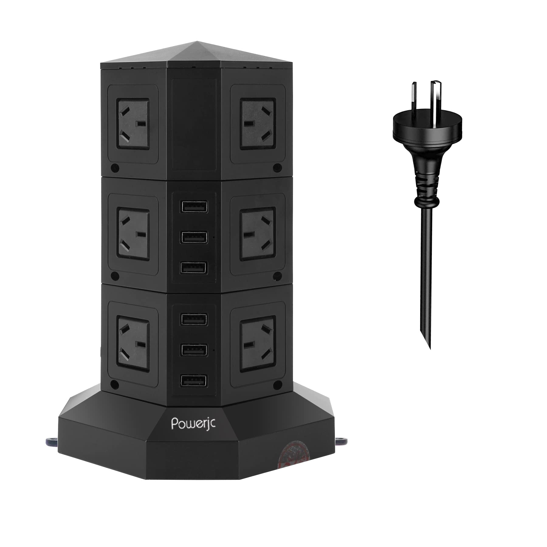 Tower Power Strip USB Surge Protector Socket 12 AC Outlets with 6 USB Ports Chargers 2M Long Extension Cord SAA Certified Black-Powerjc / White