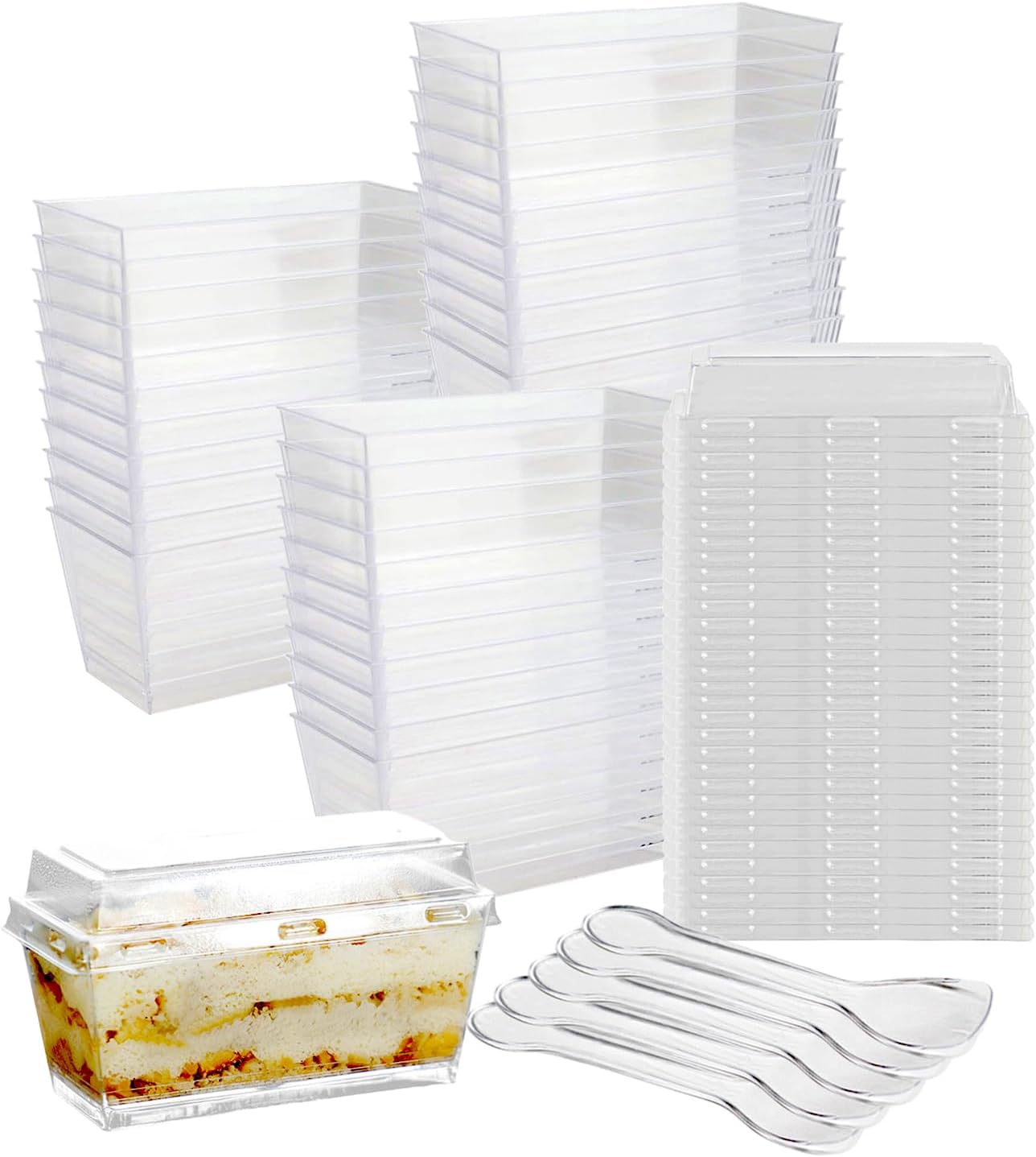 Hniuyun 50Pcs Dessert Cups with Lids and Spoons, 160ml Mini PP Rectangle Dessert Pots, Clear Serving Bowl for Moussees Puddings Desserts Party