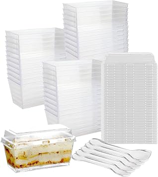 Hniuyun 50Pcs Dessert Cups with Lids and Spoons, 160ml Mini PP Rectangle Dessert Pots, Clear Serving Bowl for Moussees Puddings Desserts Party